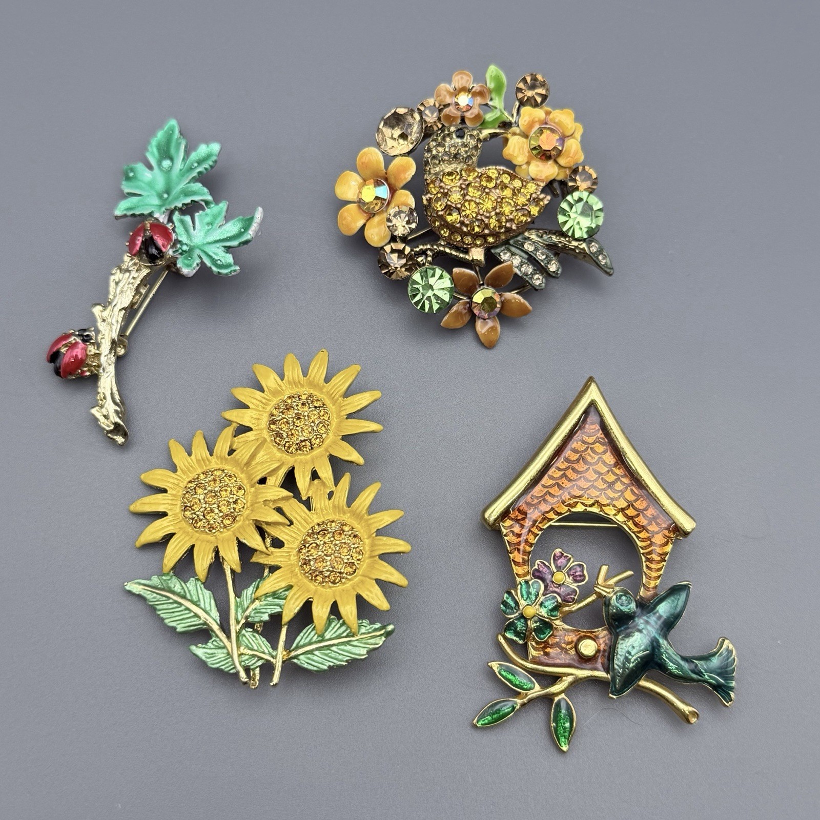 Gardening Brooch Lot Of 4 Sunflowers Birdhouse Rhinestones Enameled Gold Tone