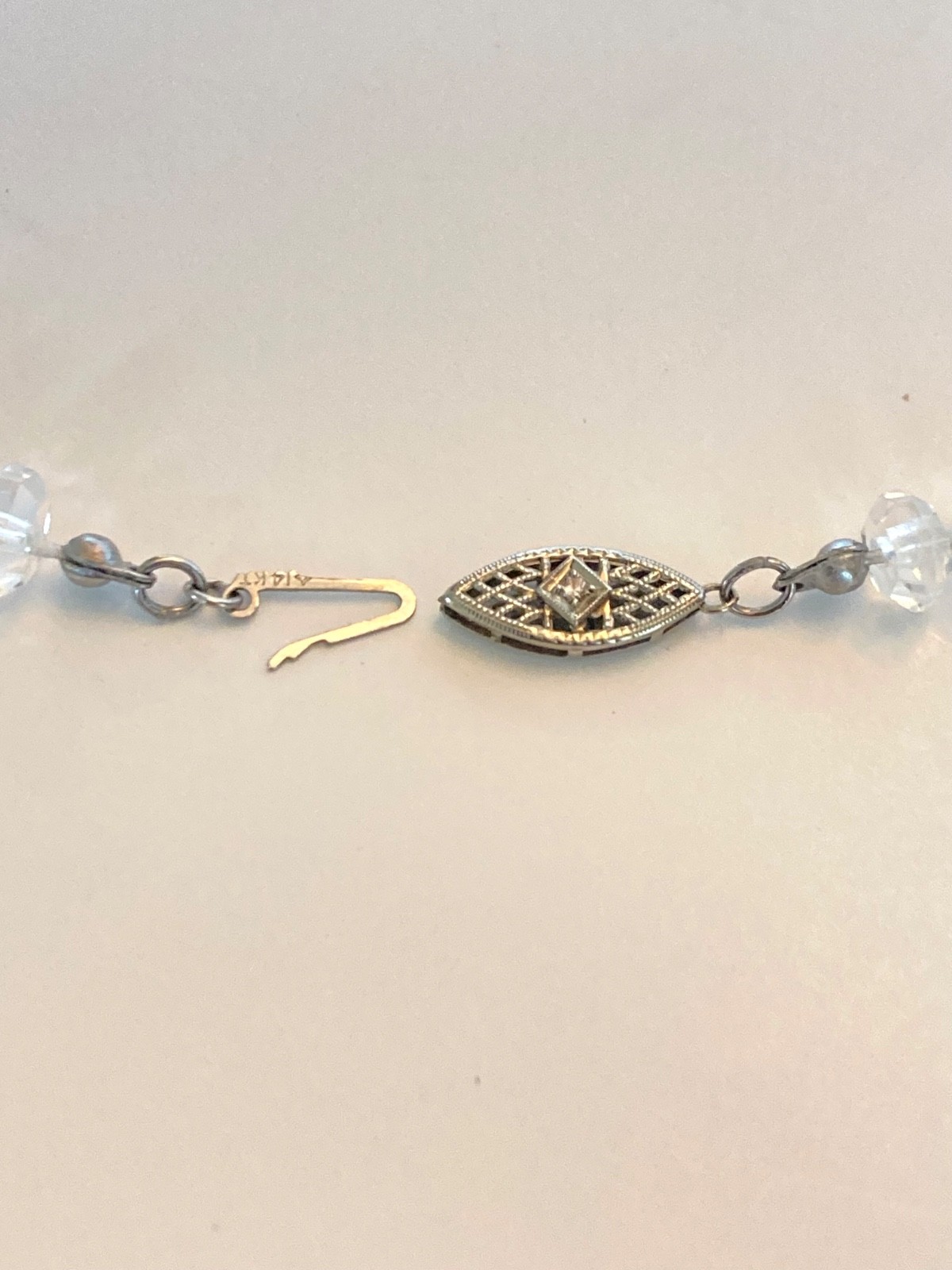 Art Deco Rock Crystal Graduated Hand Knotted 14k Diamond Clasp