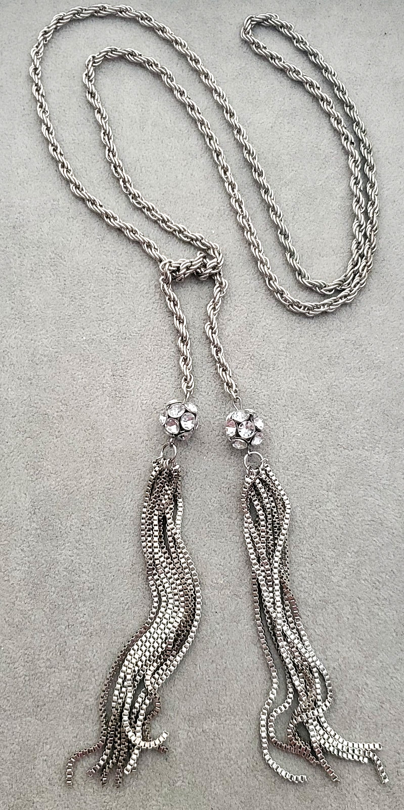 Vintage Rhinestone 5″ Tassel Runway Lariat Tie Wrap 48″ Rope Chain Necklace Belt