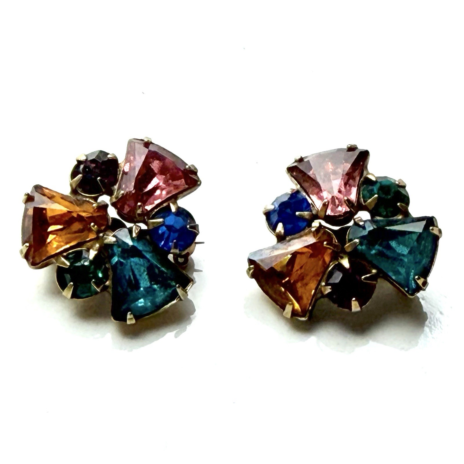 Vintage Rhinestone Scatter Collar Brooch / Pin Pair Multicolor Stones Gold Tone