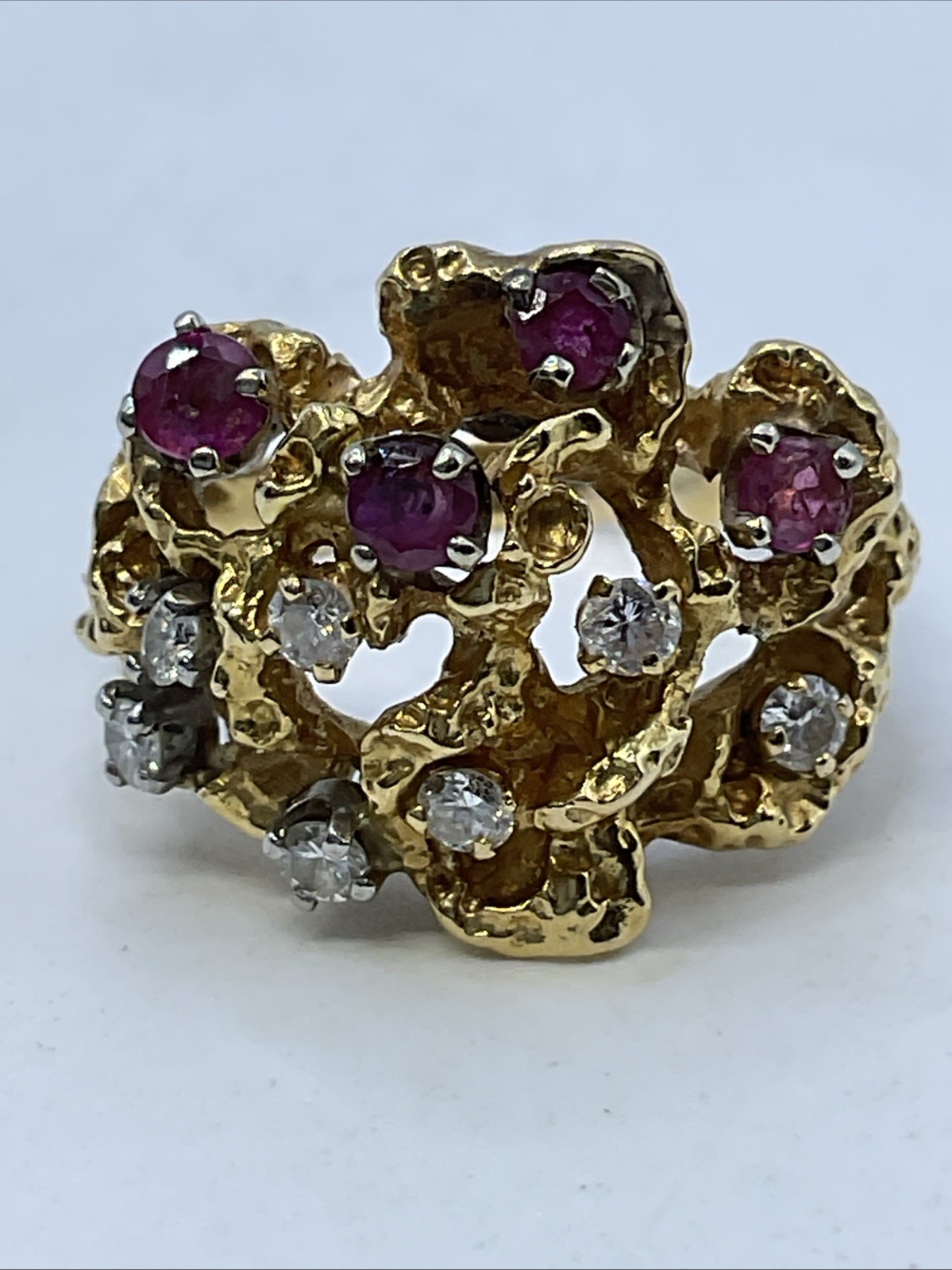 BEAUTIFUL Ladies Ring Solid 17K Yellow Gold Diamond & Ruby VINTAGE HANDMADE10.3g
