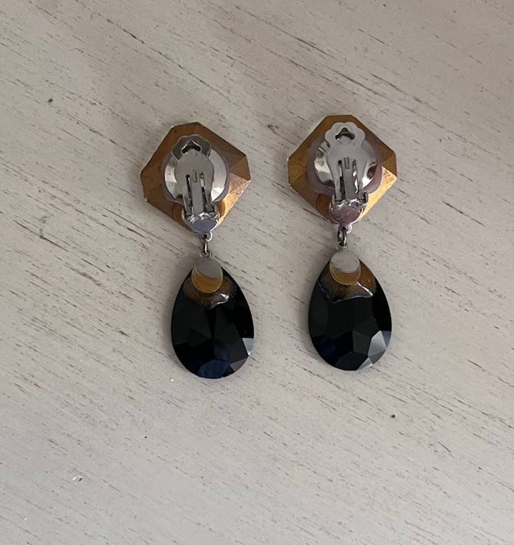 Vintage Glass Black Clear Faceted Crystal 2.5” Statement Drop Clip On Earrings