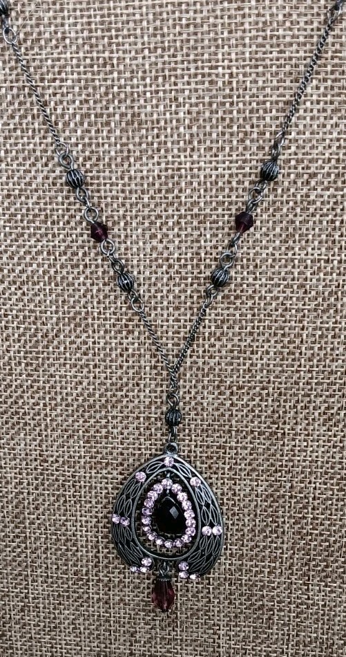 Vintage gunmetal pendant W/ pink rhinestones & purple/pink bead accents, 18-21″