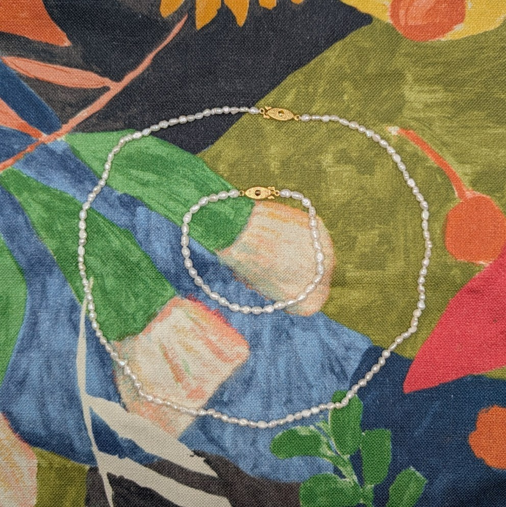 Vintage Rice Pearl Necklace Bracelet Set 20″ 8″ Gold Tone Fish Hook Clasp VTG