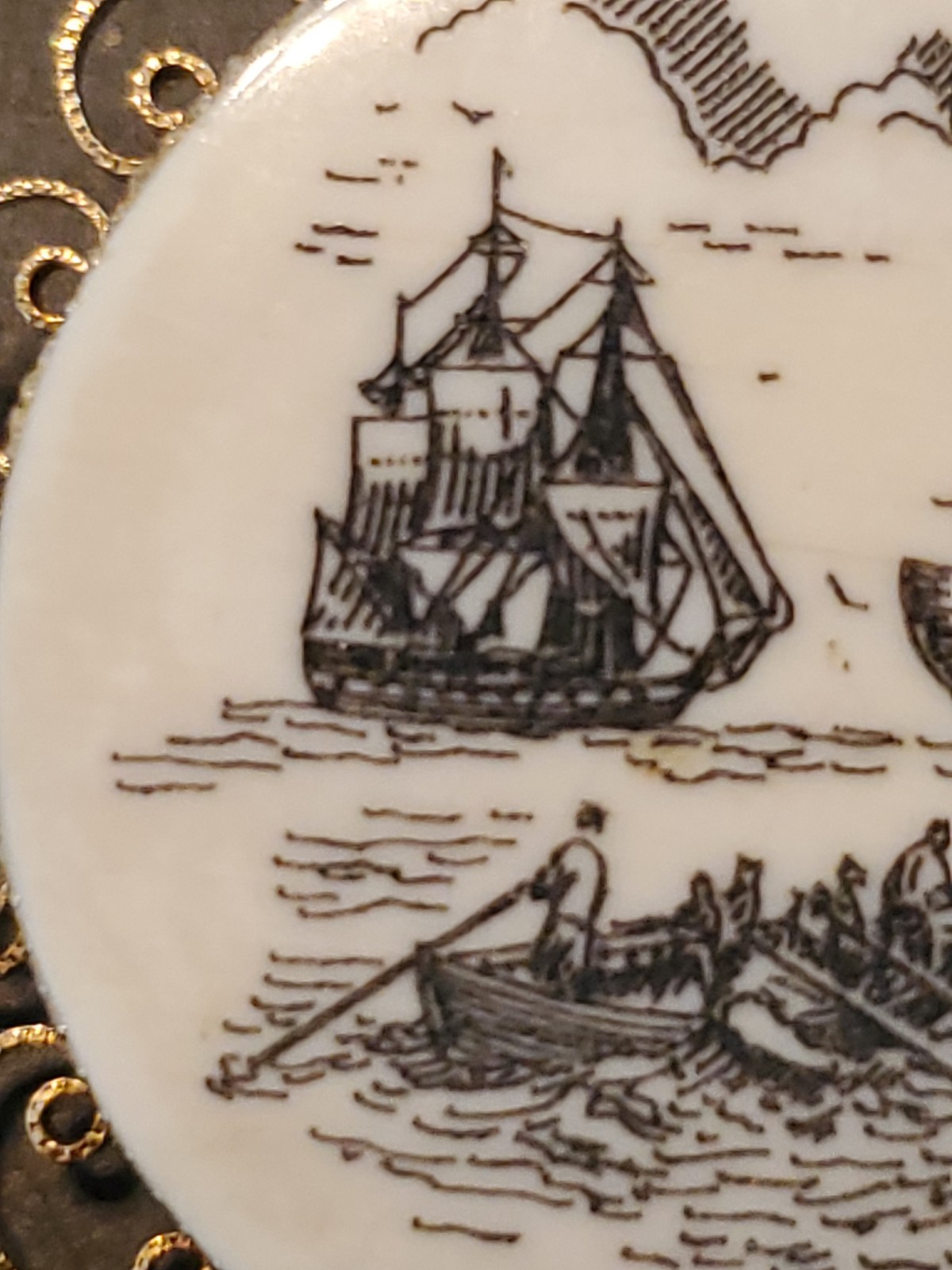Vintage Scrimshaw Style Whale and Ship Brooch Pendant Gold Tone