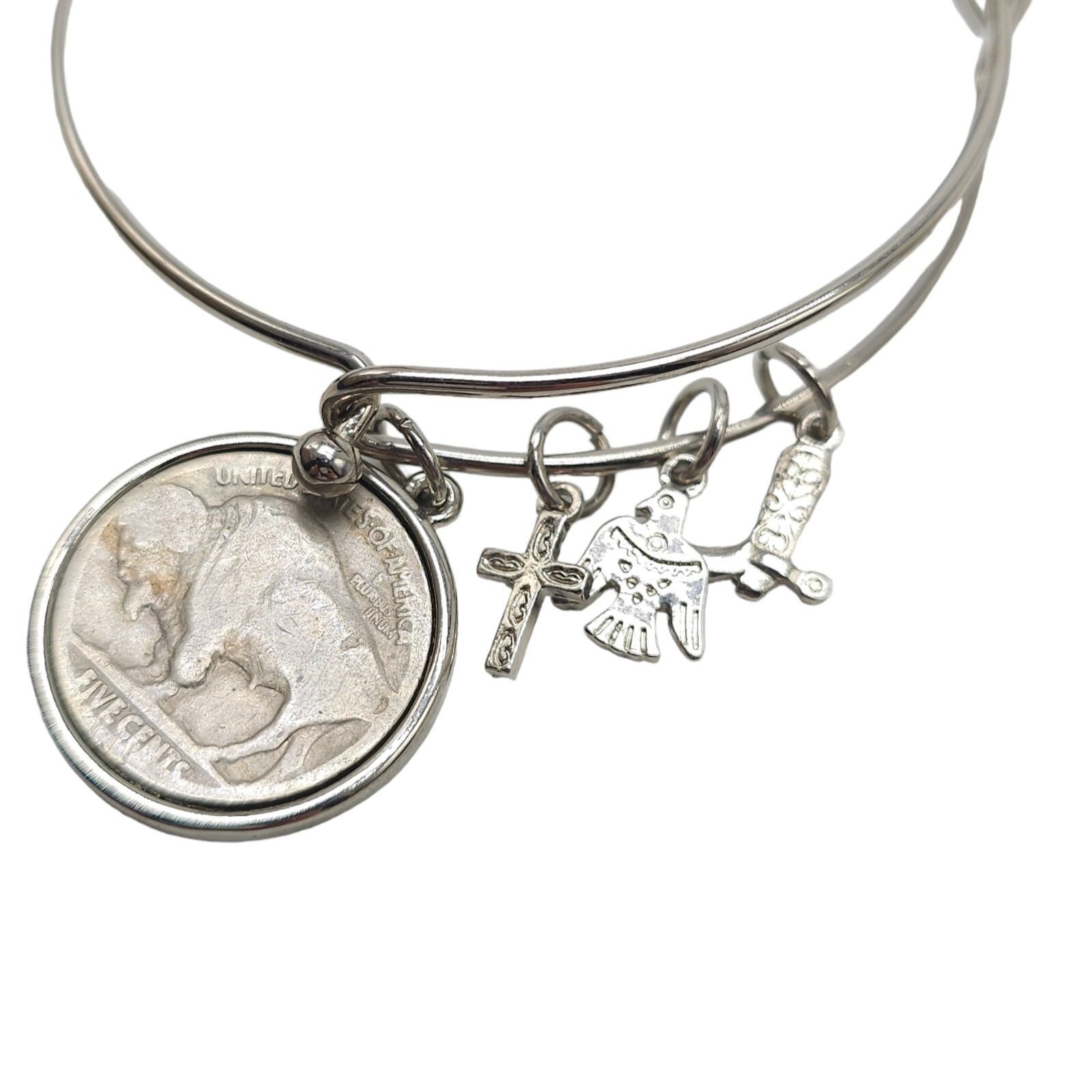 Western Charm Silver Tone Buffalo Nickel Obverse Coin Bangle Bracelet