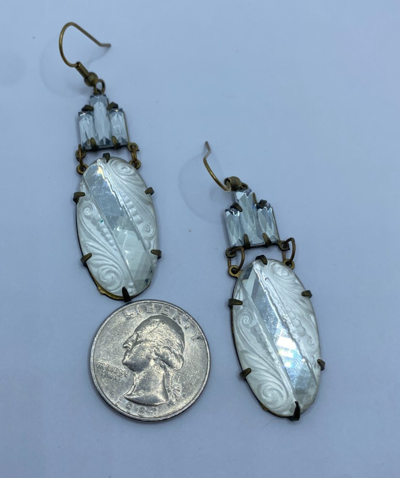 Glass Works Studio Earrings Frosted Clear Etched Faceted Glass & Rhinestones