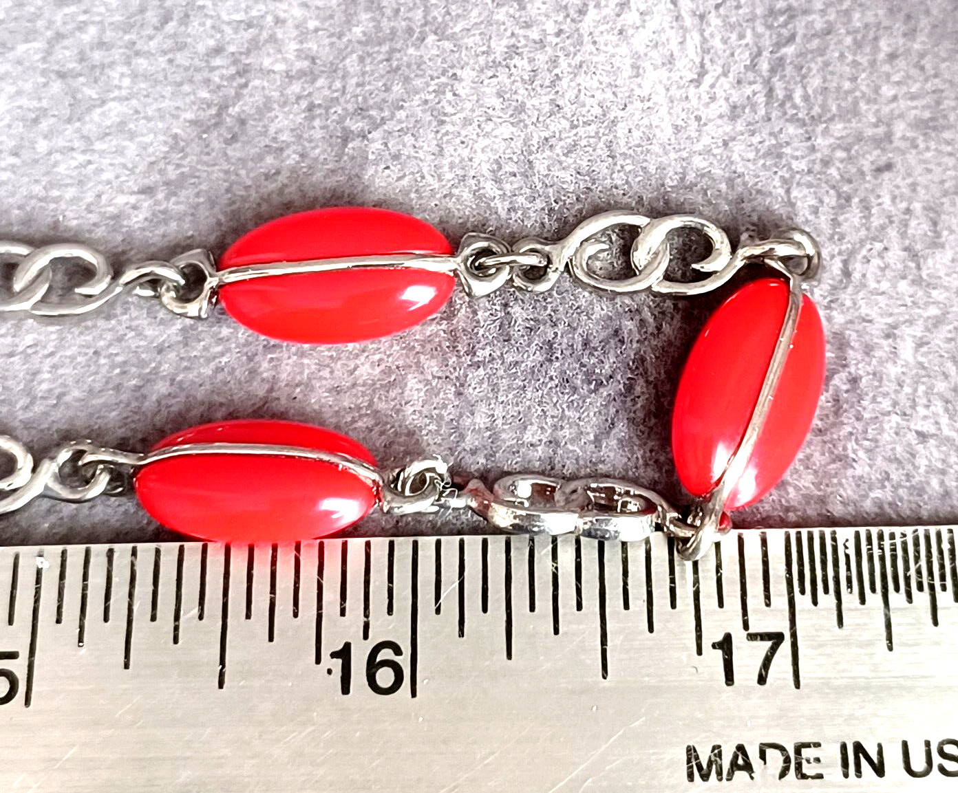 Necklace Station Red Oval Acrylic Accent Beads Silver Tone Chain Vintage 34″