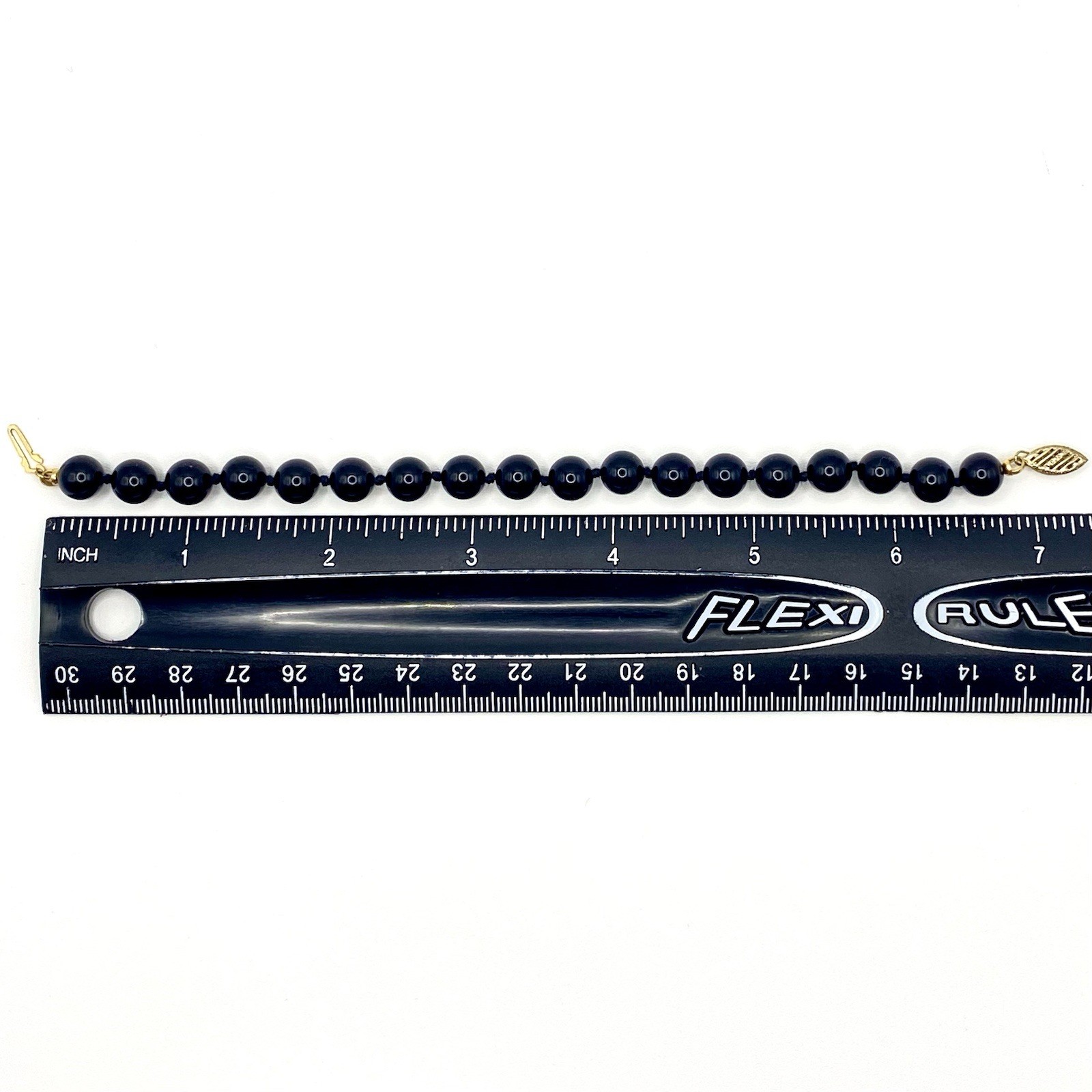 Vintage Black Round Beads Bracelet 925 Sterling Silver Clasp Gold Tone Hand Knot