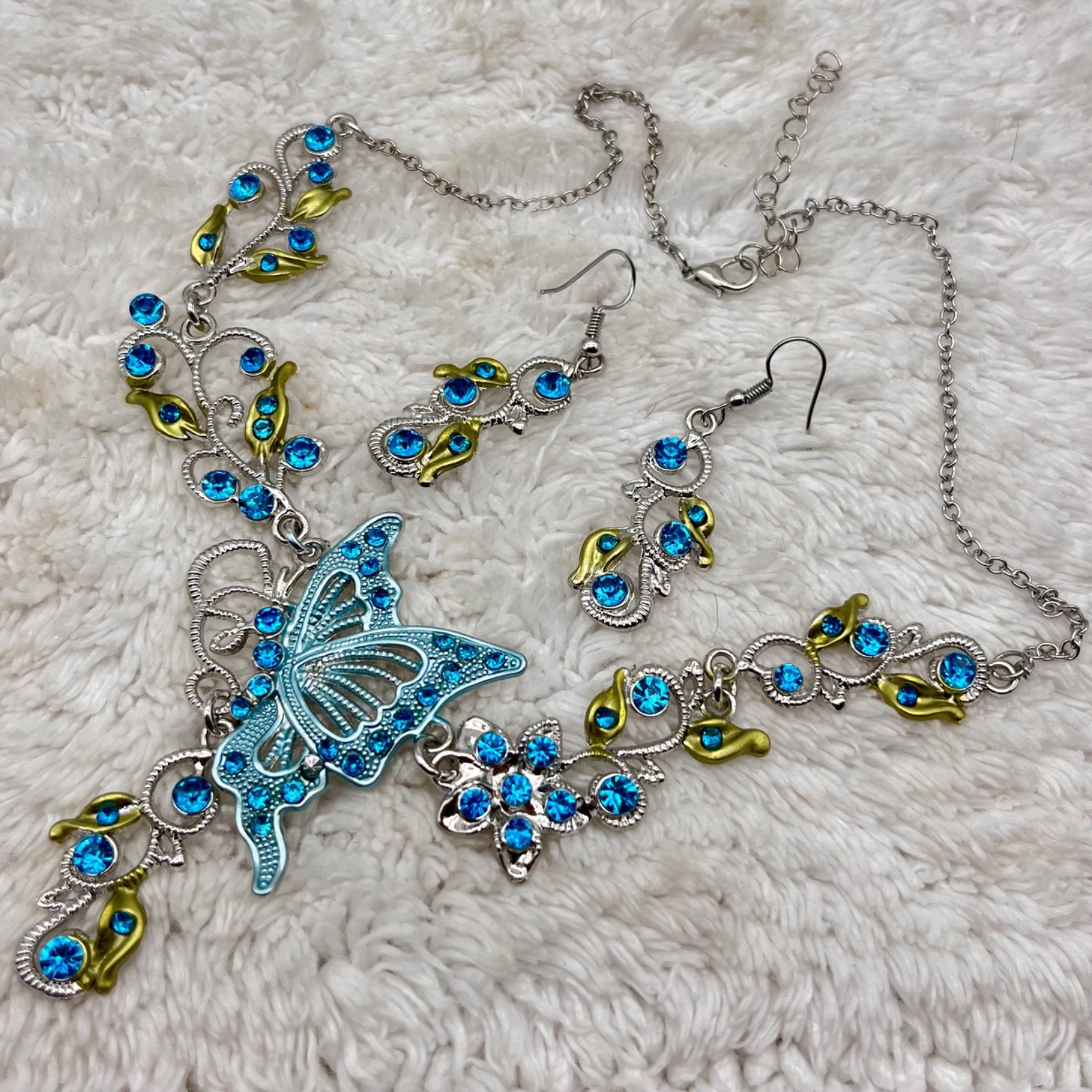 Vintage Blue Butterfly Jewelry Set Y Drop Necklace Earrings Fairycore