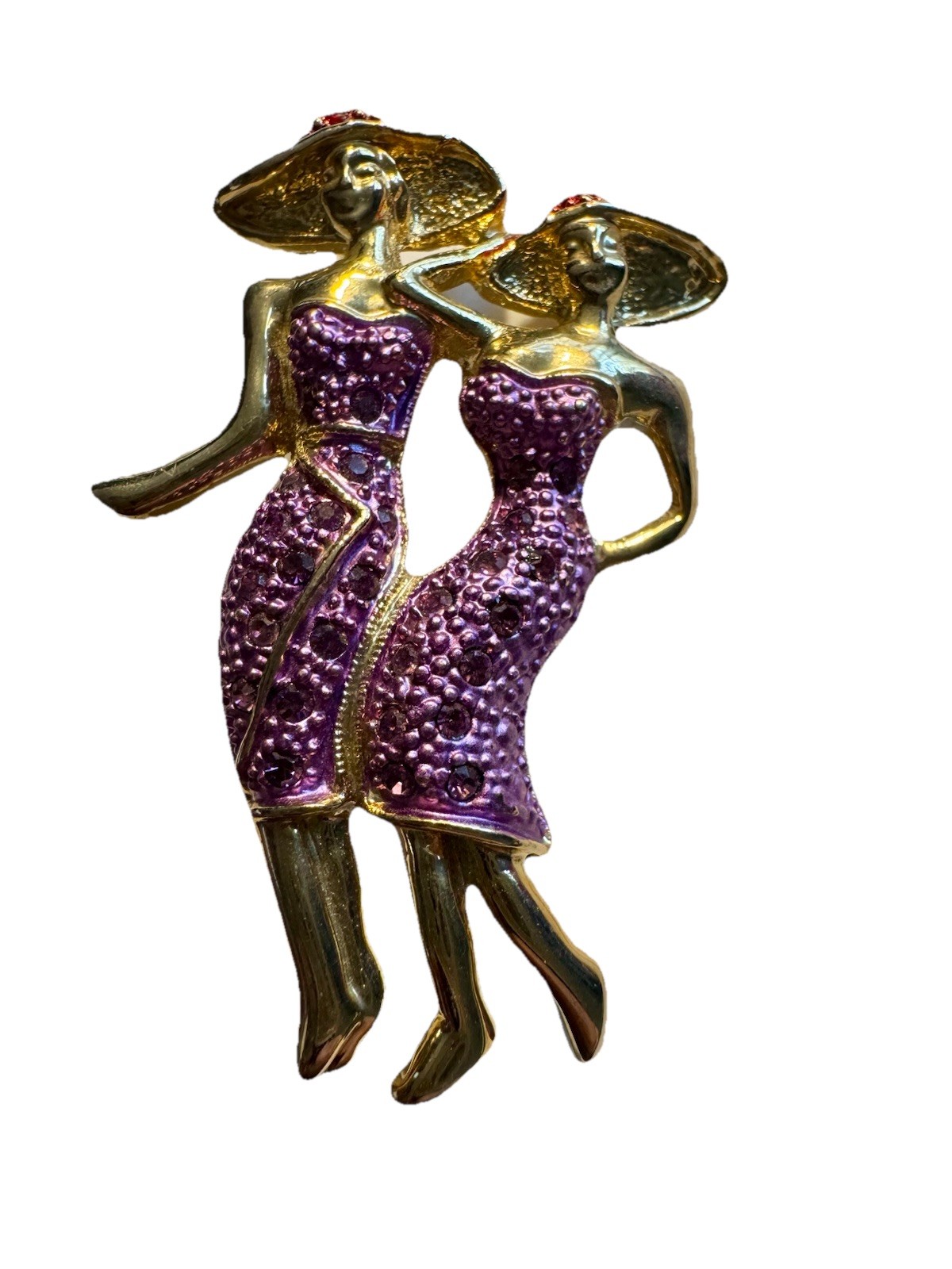 Vintage Gold Tone with Rhinestones Red Hat Ladies in Purple Pin, Unbranded