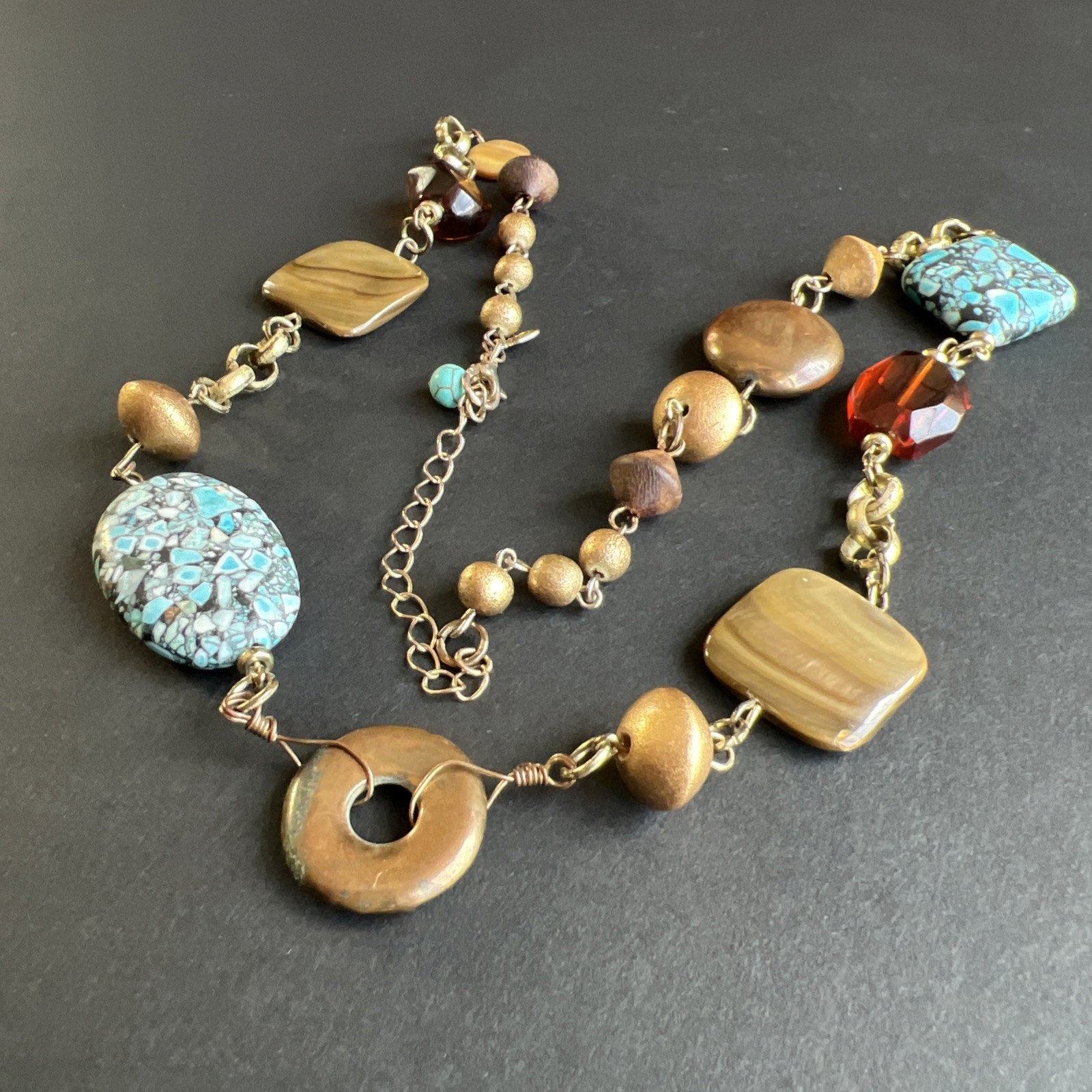 Vintage Turquoise Chip Inlay Beads Amber Mother of Pearl Abalone Bronze Necklace