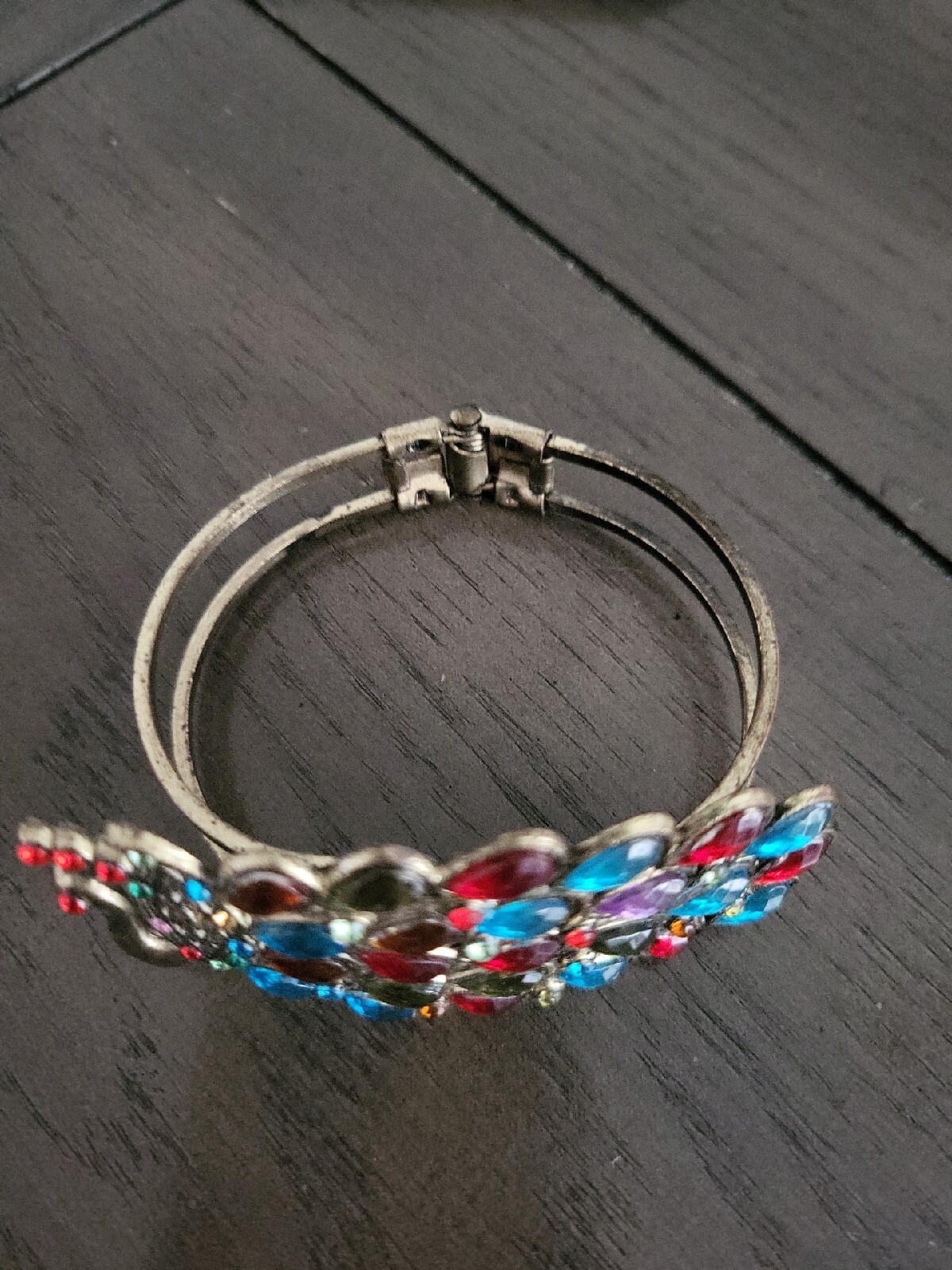 Vintage Bracelet Peacock Colorful Rhinestone Brass Clamp Cuff Hinged A53