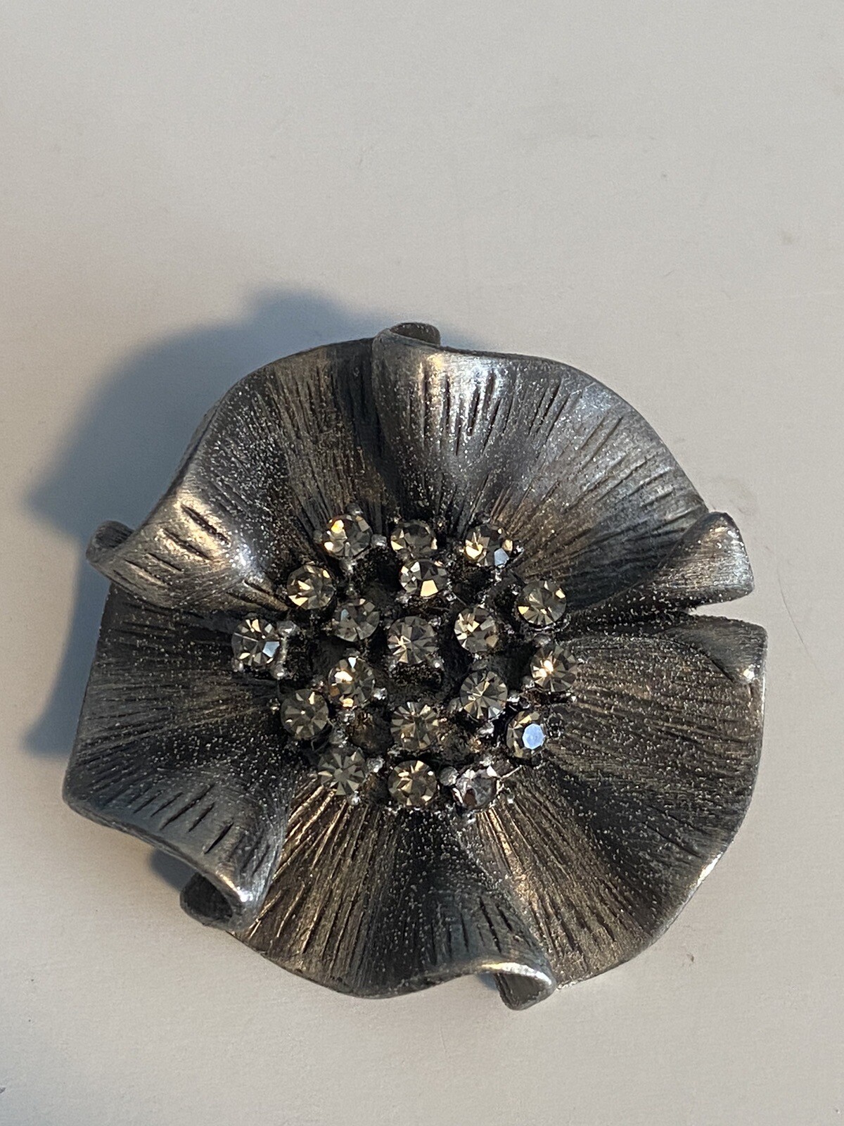 Flower Brooch Pewter Smoked Rhinestone Center 1.75” Wide Textured or Pendant