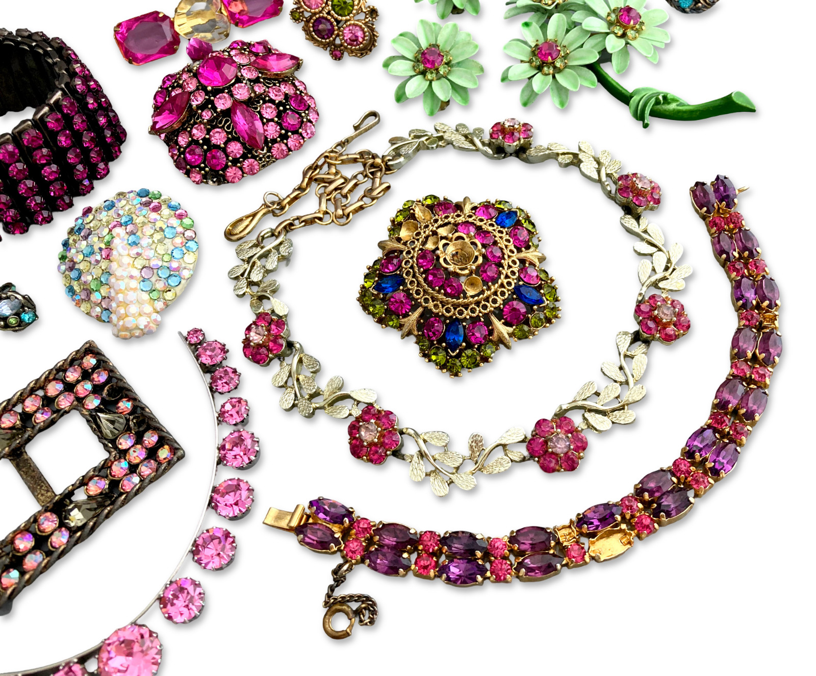 Vintage Pink Rhinestone Repair Costume Jewelry Lot Signed Coro Hollycraft Lisner