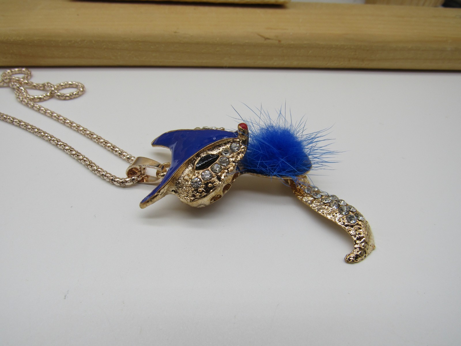 Lot of 2 vintage rhinestone faux fur fox pendant necklaces – red & blue