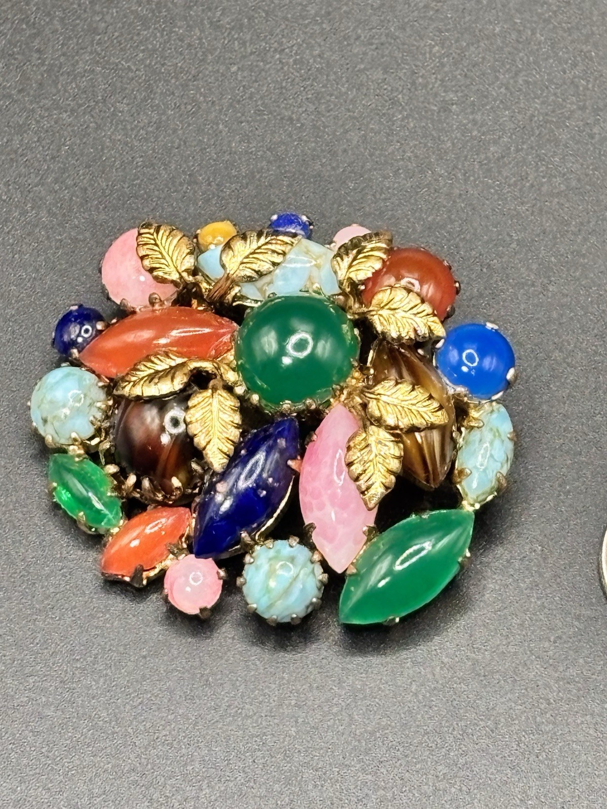 Vintage Czech Glass Multicolor Multi Shape Rhinestone Brooch Gold Tone Leaves