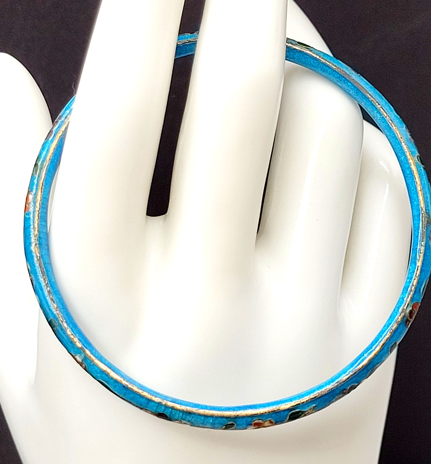 Cloisonné Light Blue Enamel Floral Hand Painted Asian Inspired Bangle Bracelet