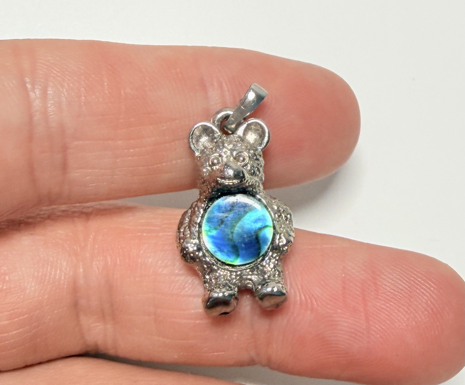 Vintage CHAN Bear Pendant Abalone Shell Paua Bear Charm Silver Tone