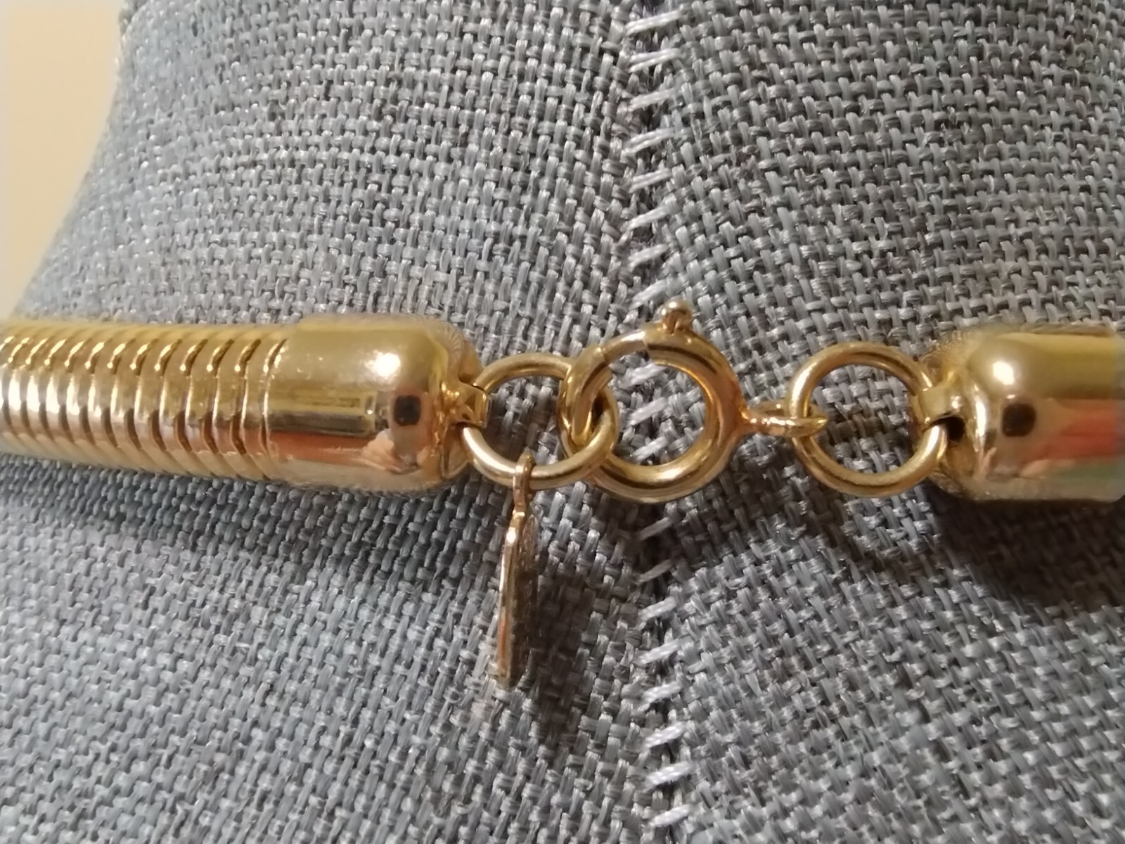 Gay Boyer Goldtone Snake Necklace with a Barrel Center Blue Enamel Ends #278