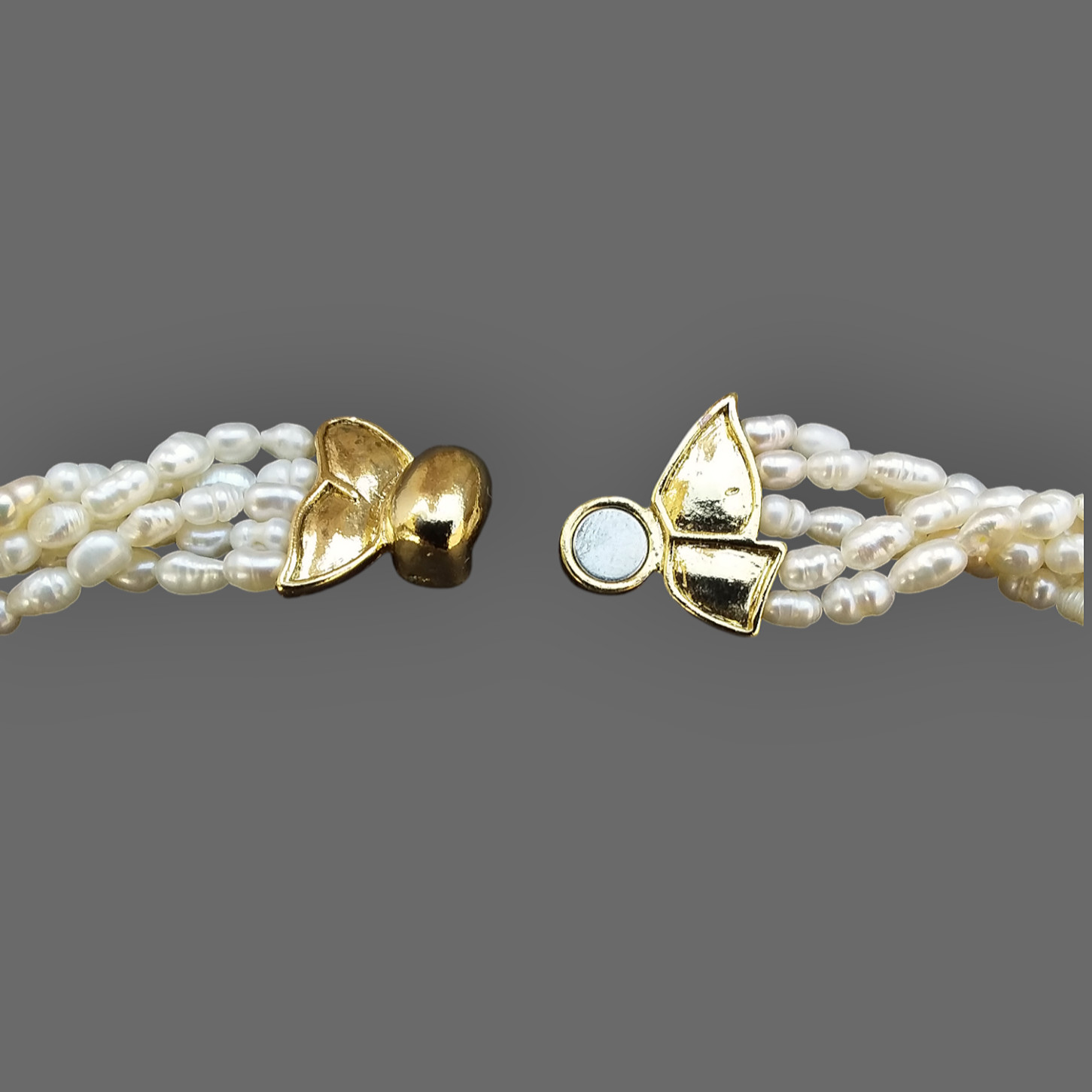 Freshwater Rice Pearls Multi Strand Necklace White Gold Tone Bow Clasp 16.5in
