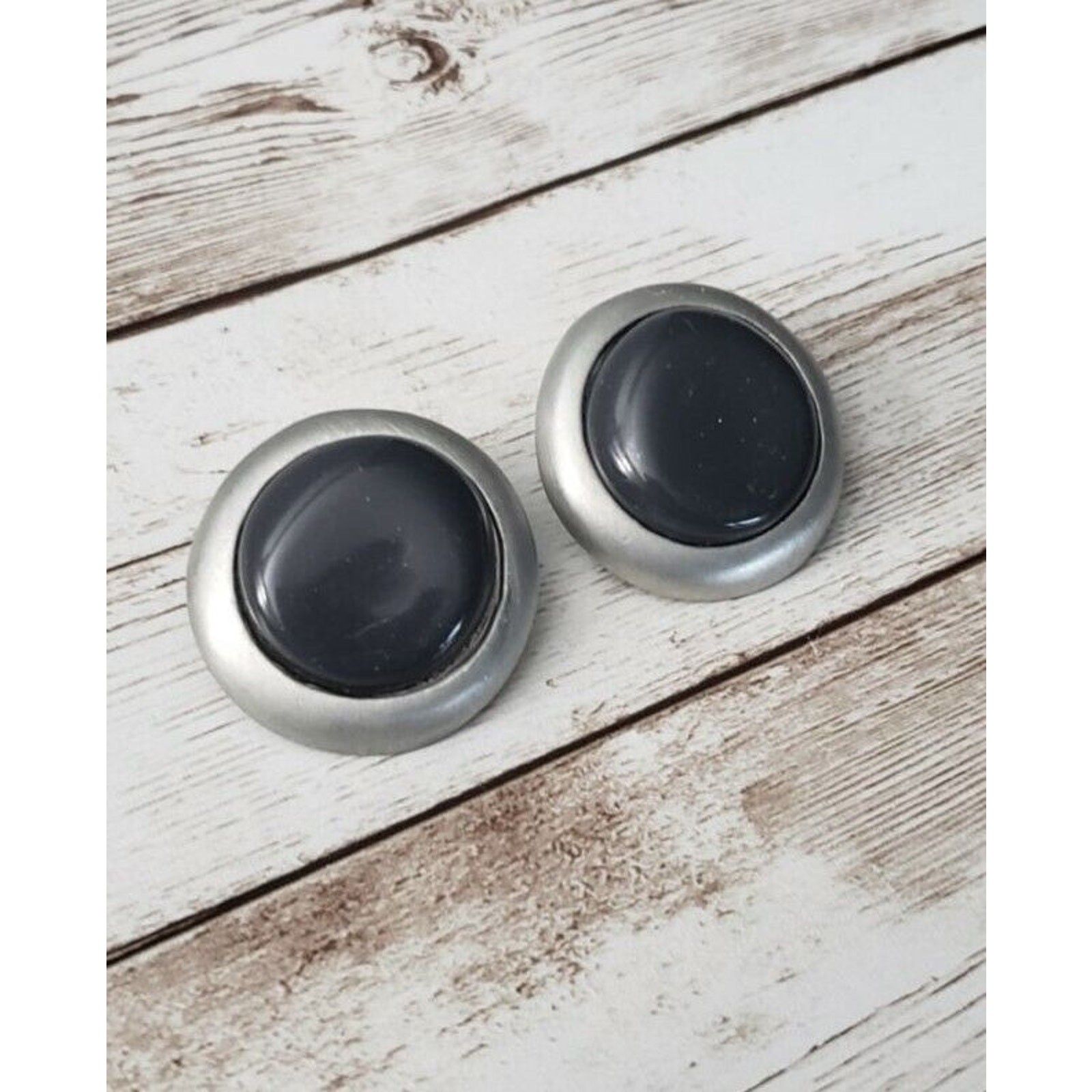 Vintage Clip On Earrings Pushed in Black With Silver Tone Halo
