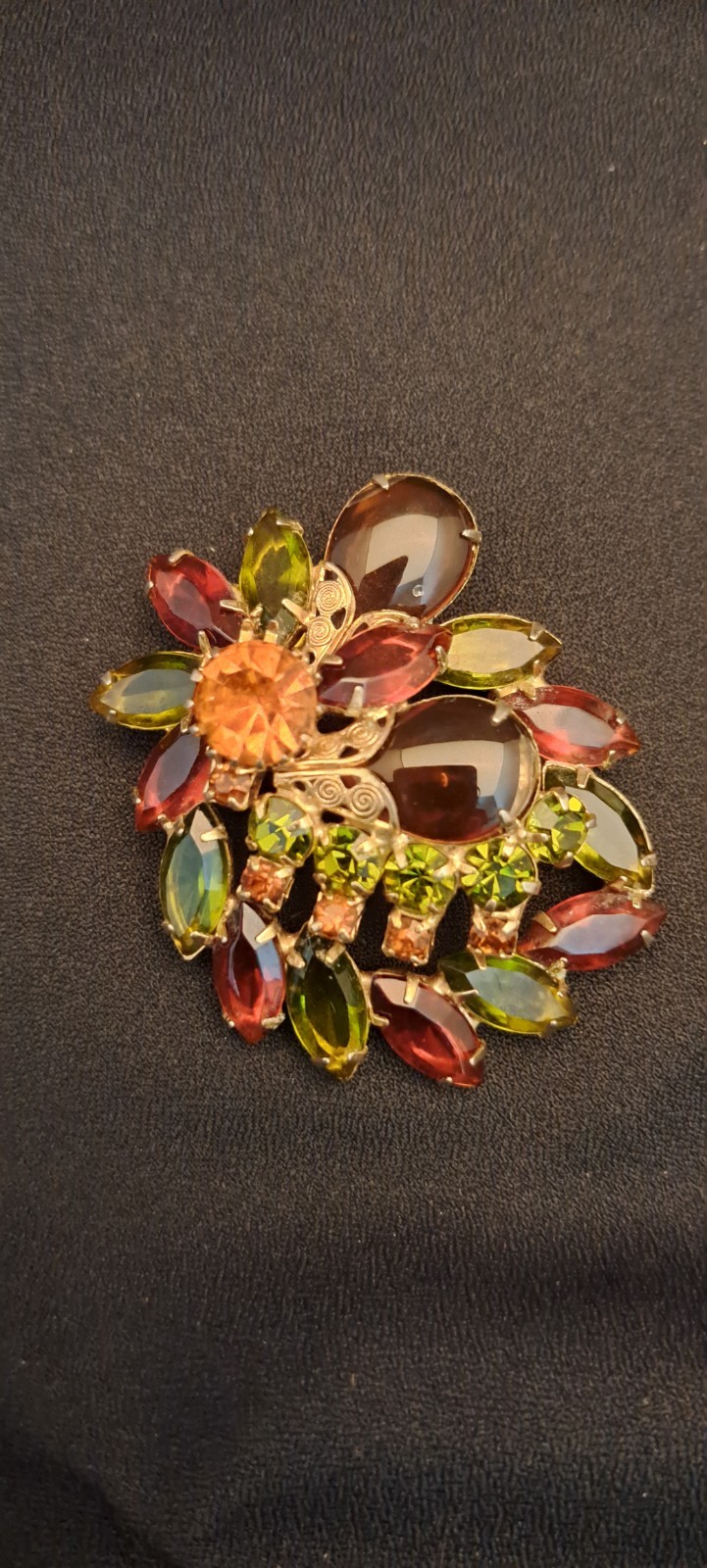Vintage Designer? Topaz Orange Green Gold Glass Rhinestone Statement Brooch