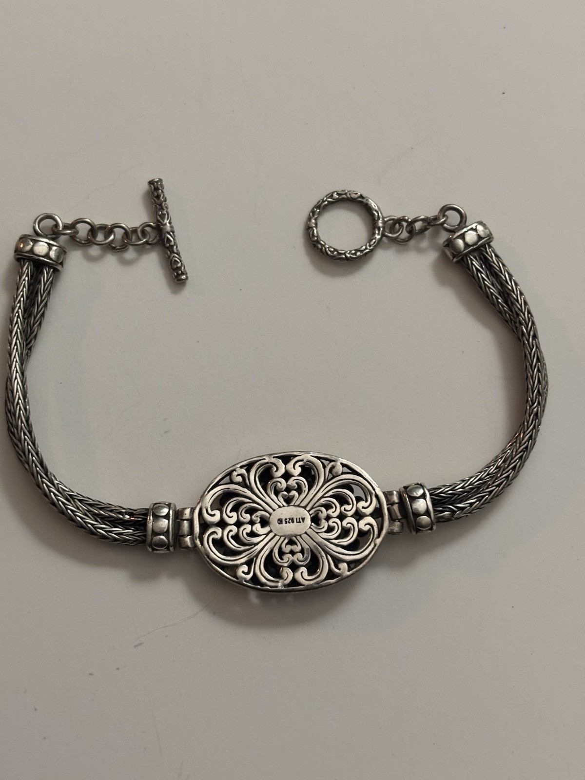 Vintage ATI Sterling Silver Ornate Wheat Link Toggle Bracelet 7.25-7.75 Inches