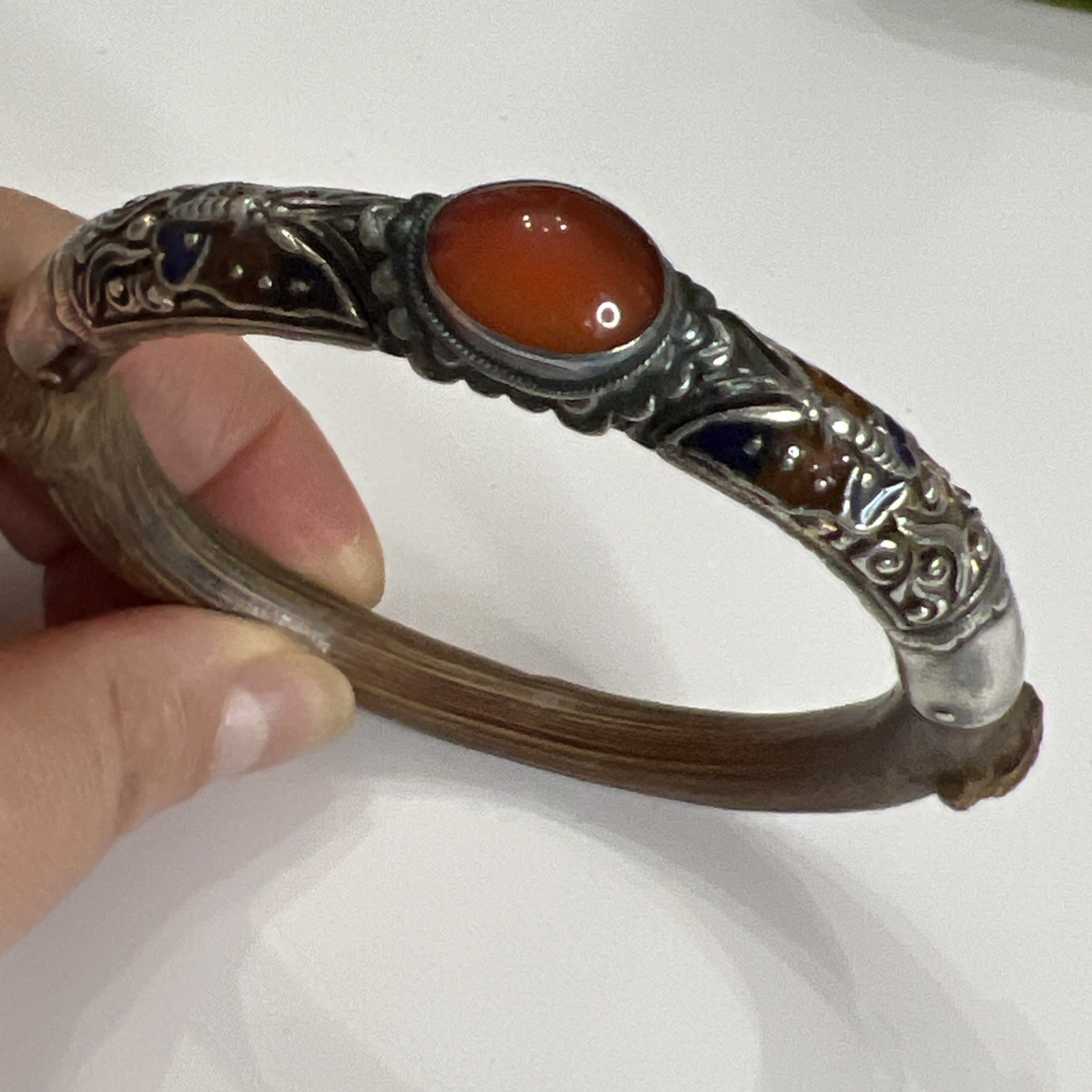Antique Chinese Sterling Butterfly Enamel Carnelian Rattan Bamboo Bangle 7.75”