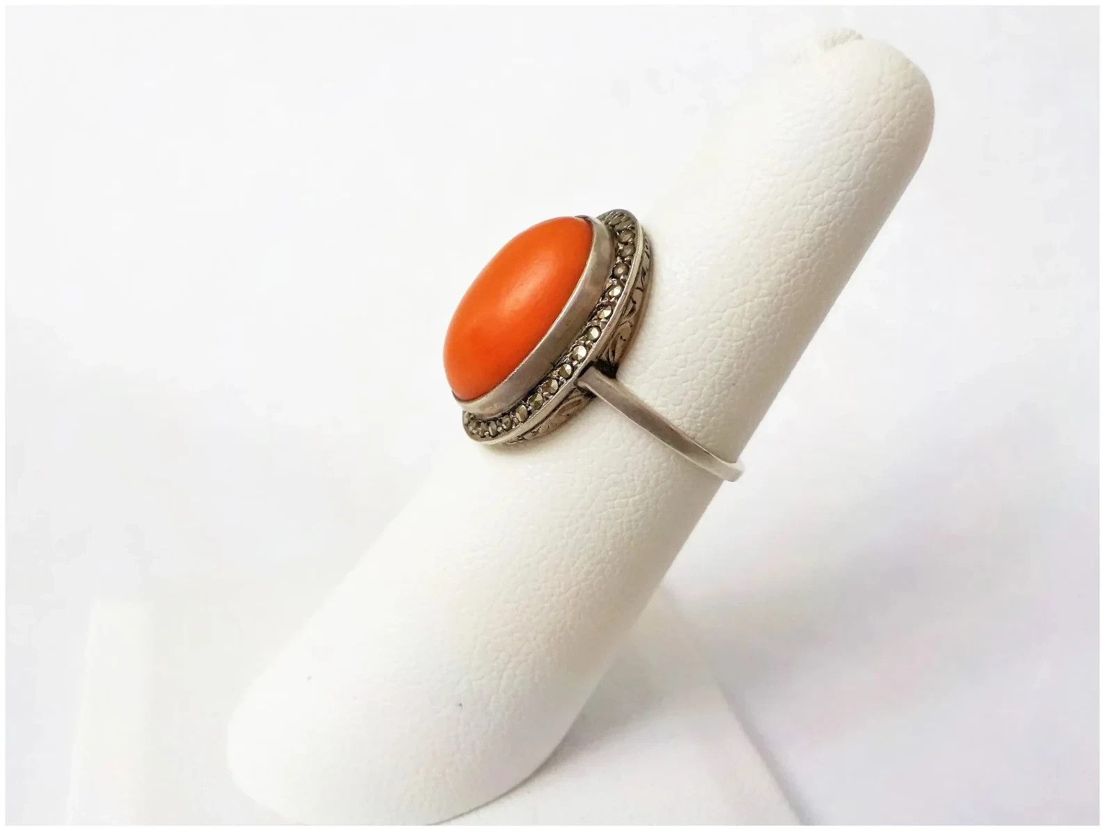 Vintage Art Deco Large Oval Red Coral Marcasite Sterling Silver Ring