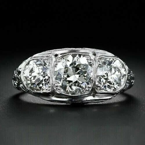 Vintage Art Deco Style Lab Created Diamond Three Stone Engagement Silver Ring