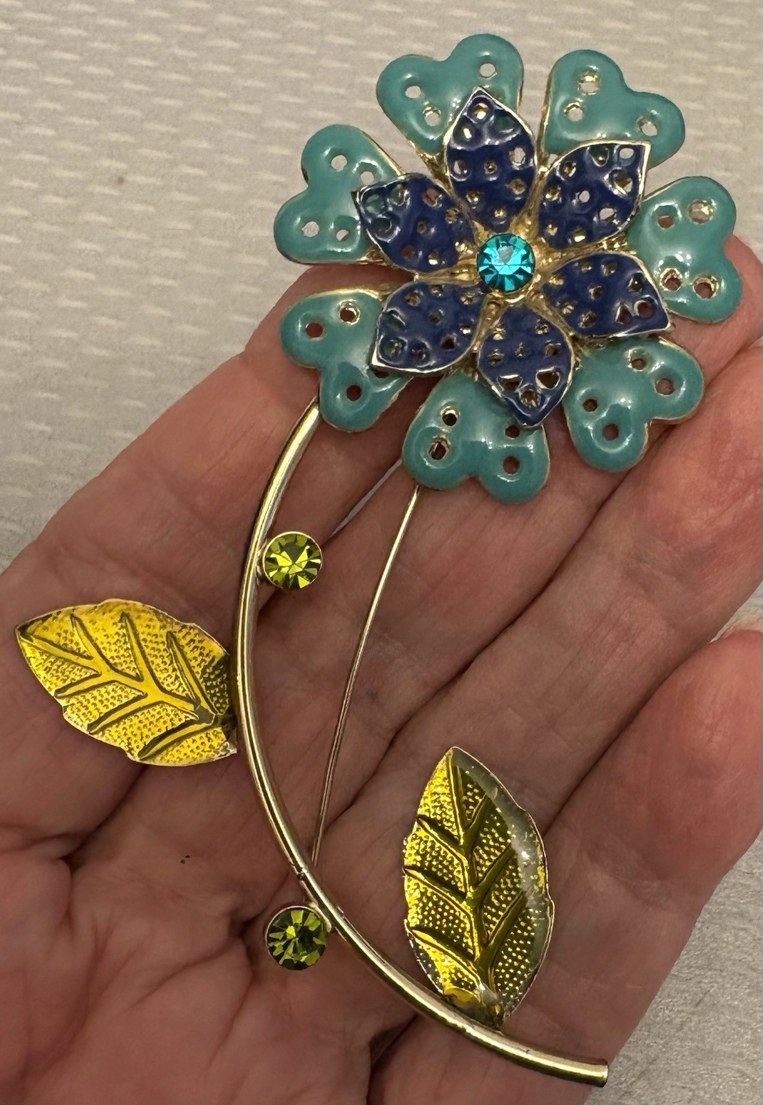 60s vintage Enamel Flower Power Brooch Mod Pop Long Stem Turquoise Lime Cobalt
