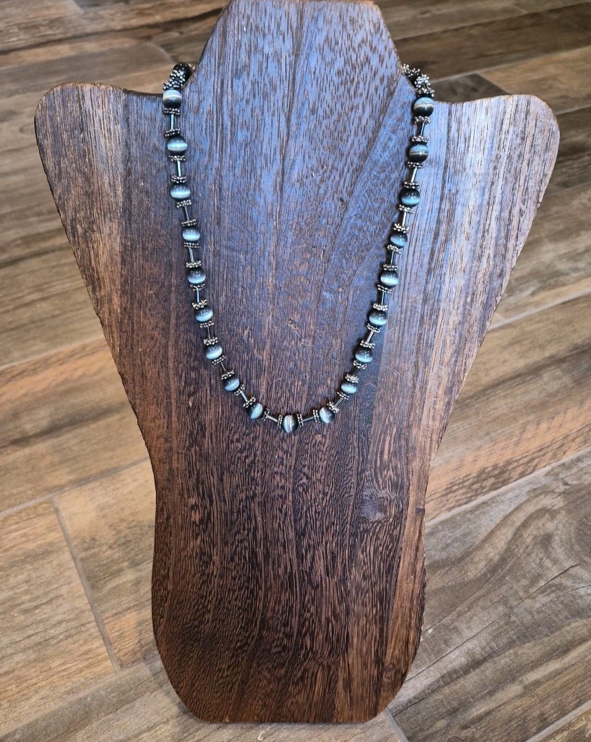 Vintage Glass Bead Necklace w/ Intricately Detailed Spacers, Toggle Closure
