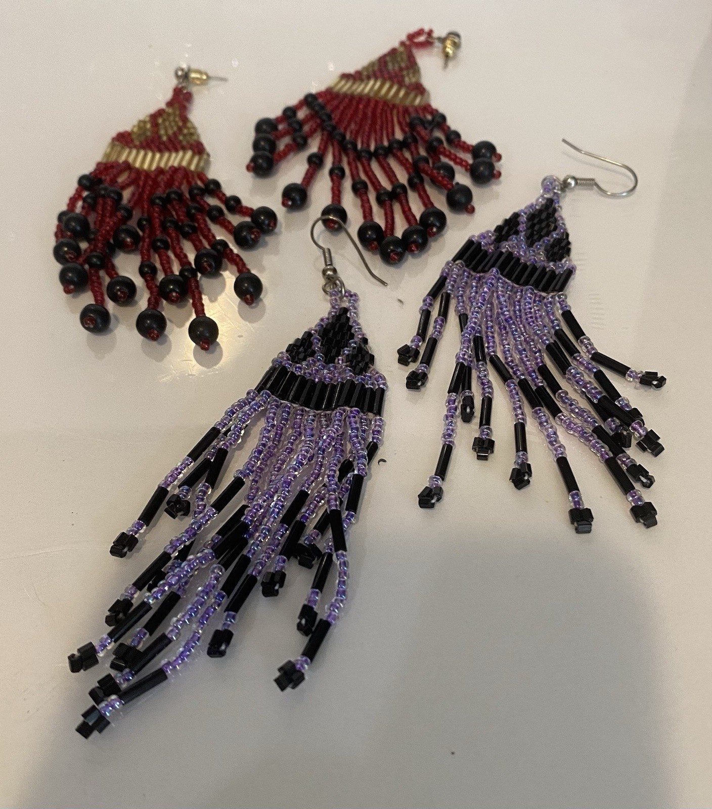 Vintage Earrings 2pr Red Purple Micro Beaded 4in Fringe Style for Pierced Ears