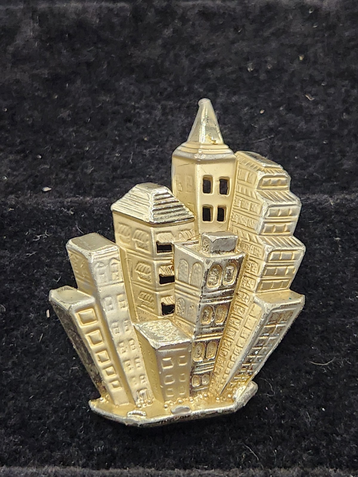 Vintage AJC City Skyline Brooch Gold Tone Urban Buildings Art Deco Style Pin