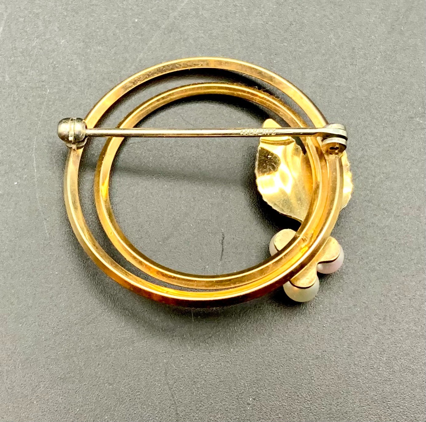 Krementz Brooch Gold Overlay Pearl & Leaf Double Circle MCM