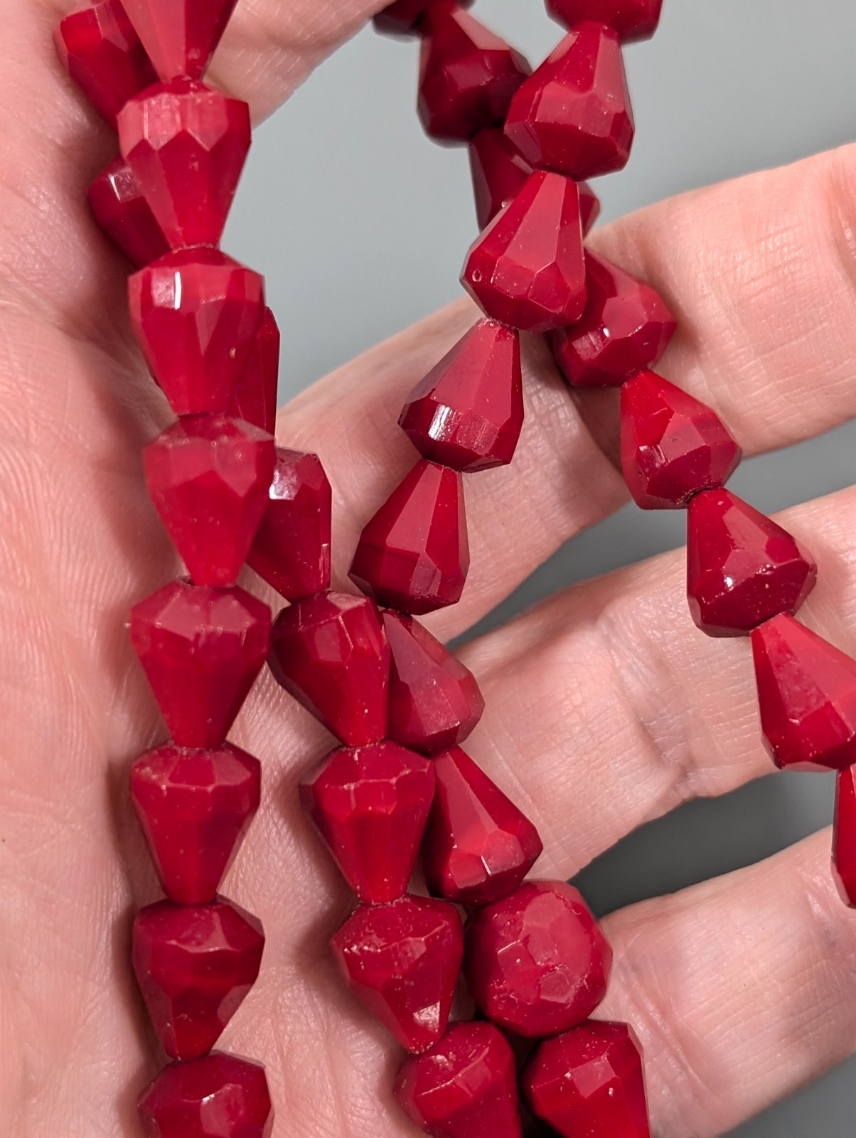 Vintage Bohemian Style Faceted Ruby Red Glass Bead Necklace Bicone 24″ MCM