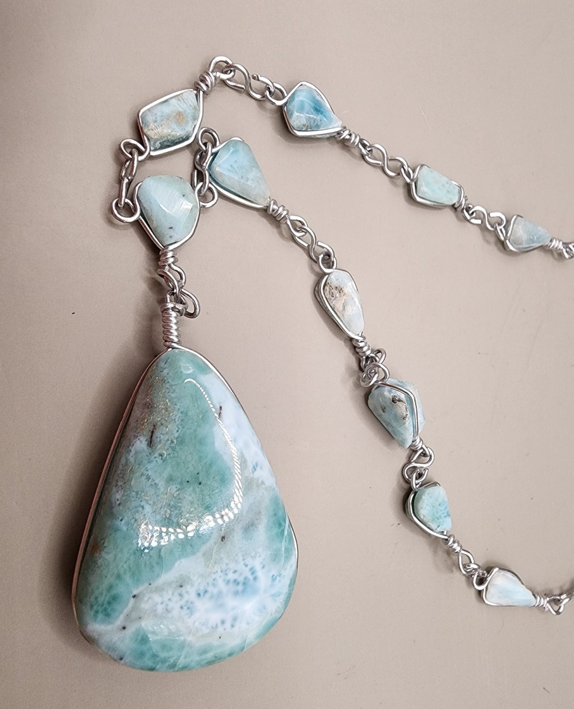 Massive Natural Larimar Teardrop Pendant Necklace Wire Wrapped Freeform Links