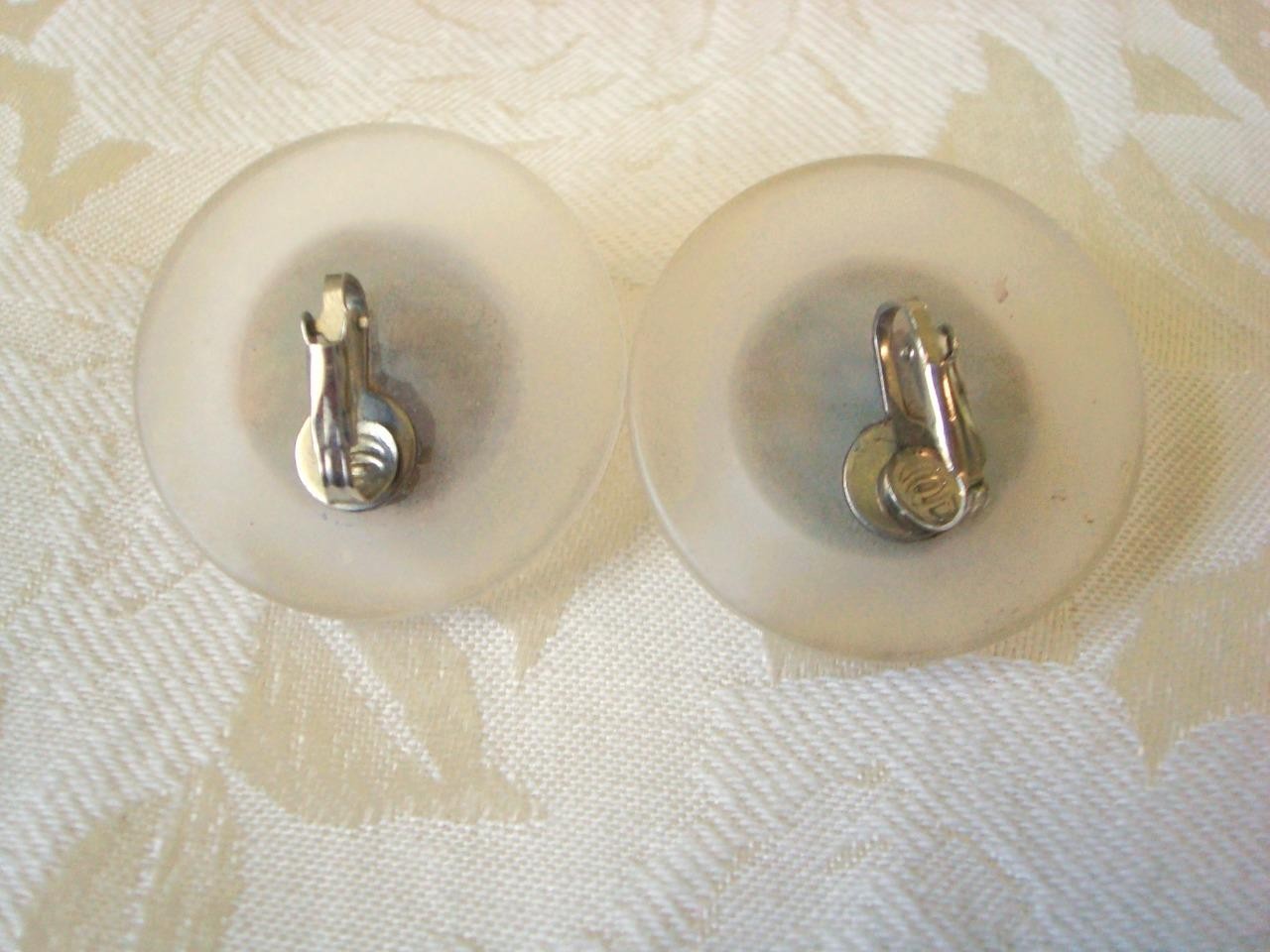 Vintage Chunky Frosted Clear Lucite Plastic and Domed Faux Wood Clip Earrings KJ