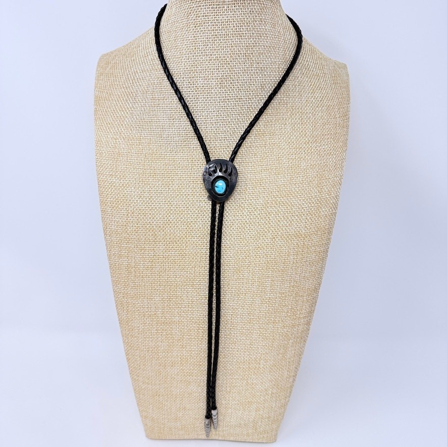 Sterling Silver Turquoise Bear Claw Paw Bolo Tie Southwest Native Shadowbox