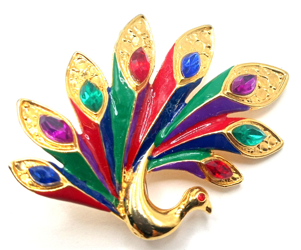 Vtg Gold Tone Blue Red Green Purple Enamel and Rhinestone Lovely Peacock Brooch