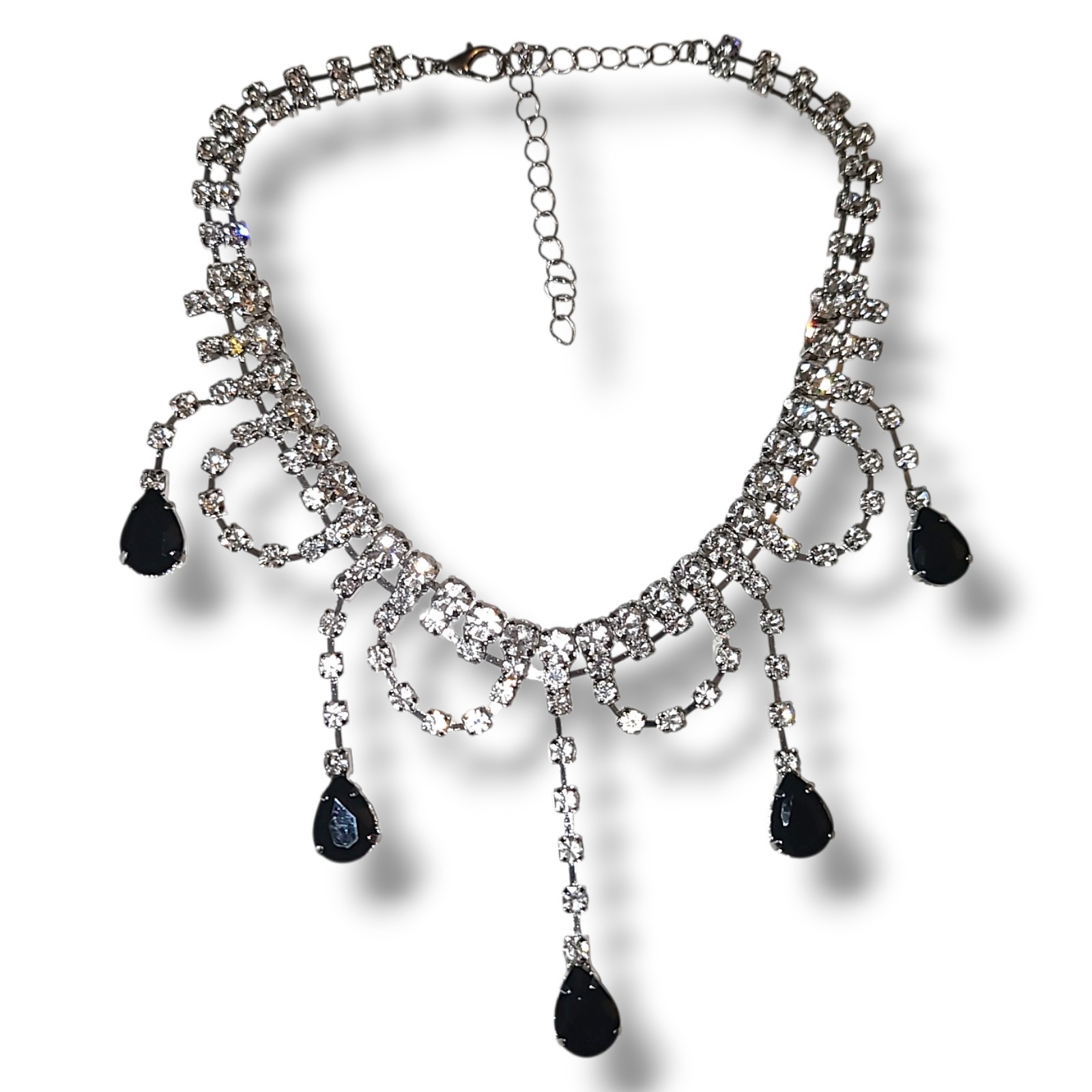Vintage Black Rhinestone Festoon Choker Necklace Silver Tone Goth Prom 16″