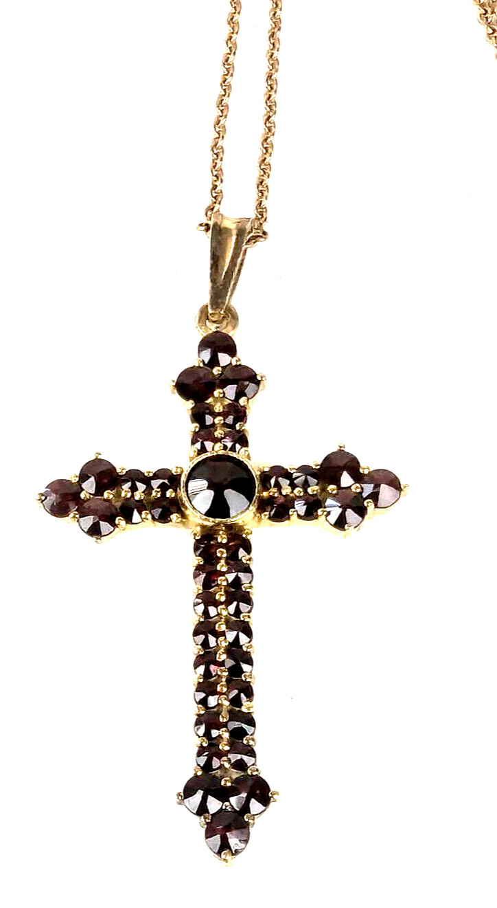 Lg Czech Bohemian Garnet Cross 900 Gilded Silver Pendant on 24″ GF 12K Chain