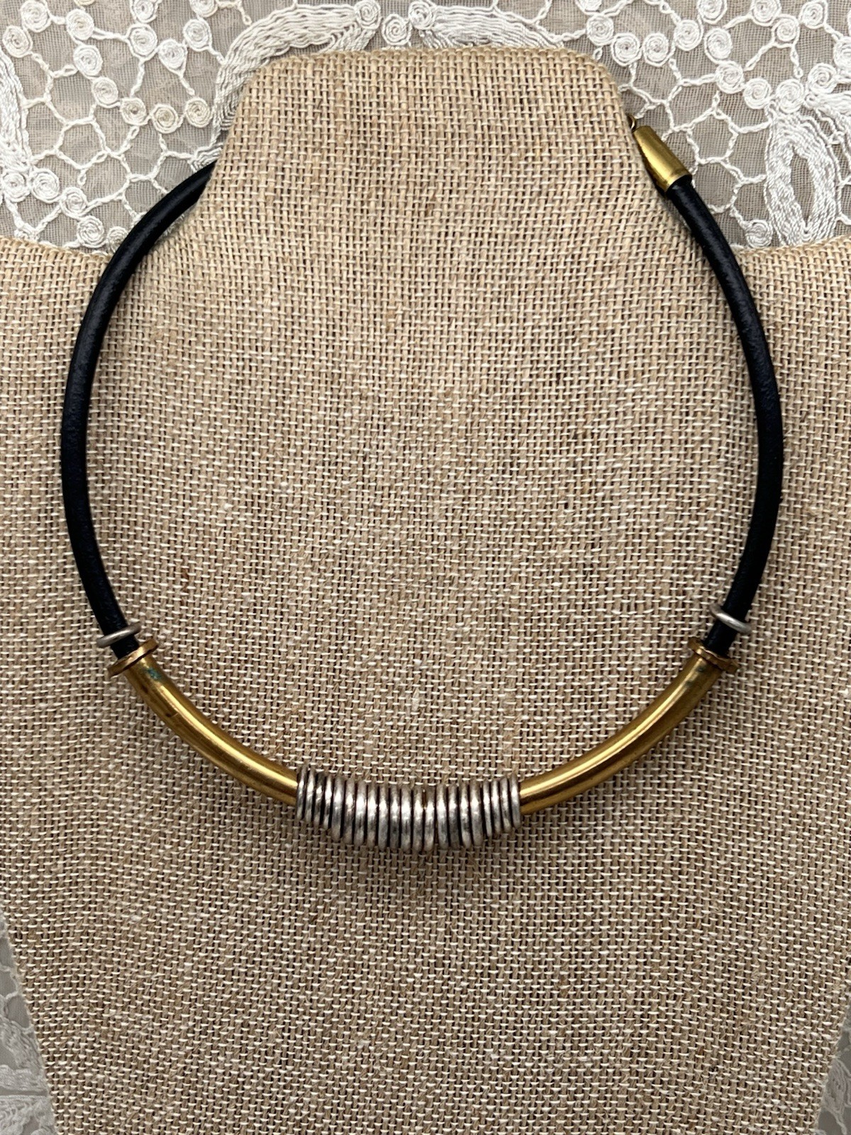 VTG Baer SF Necklace Leather Cord Gold Silver Tone Modernist Statement Jewelry