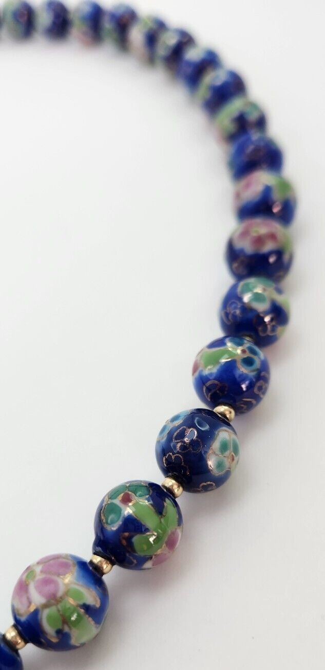 Vintage Japanese Cloisonne Bead Floral Necklace, Blue Pink and Green 22 Inches