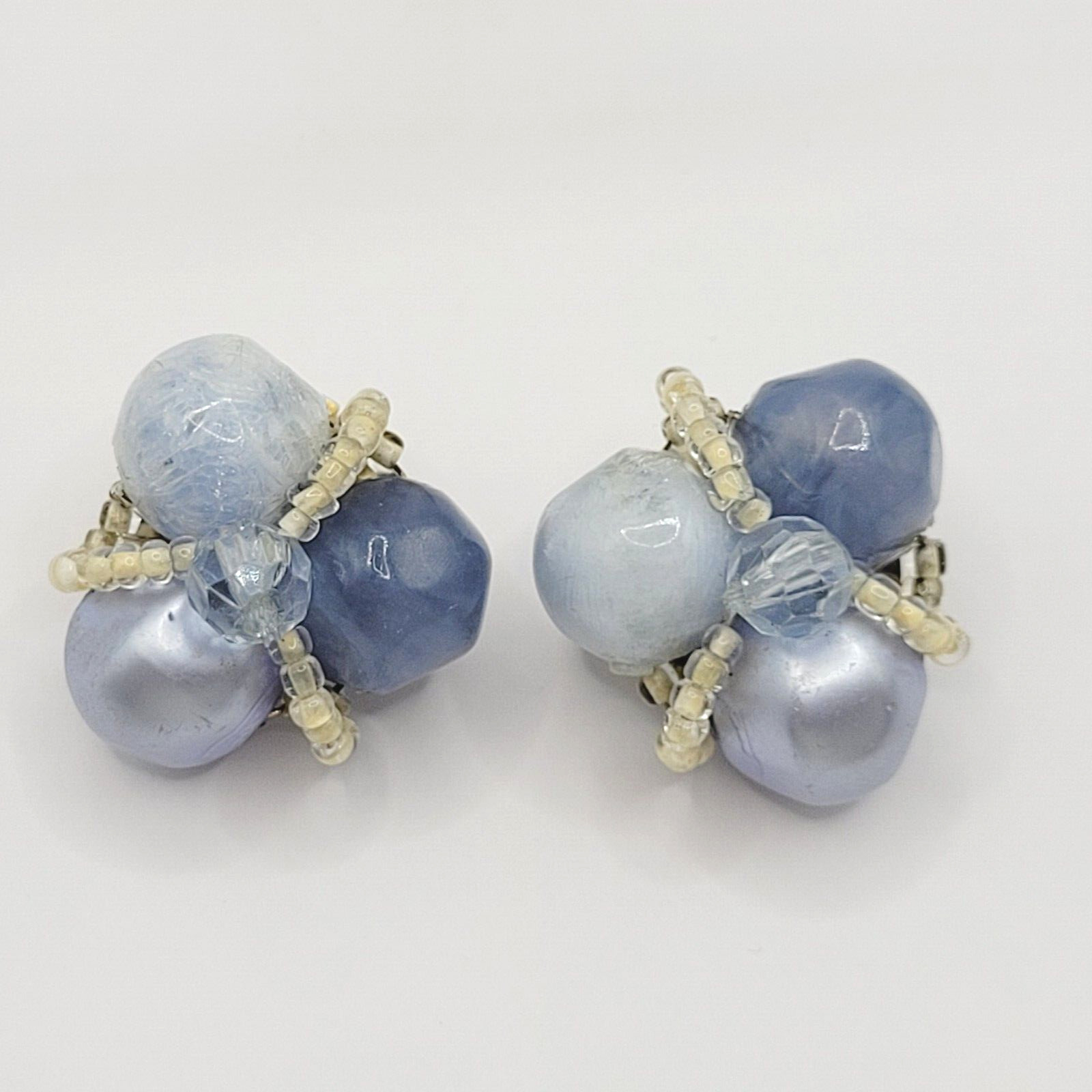Blue Tones Lucite and Seed Bead Cluster Clip On Earrings 1950s 1960s W Germany