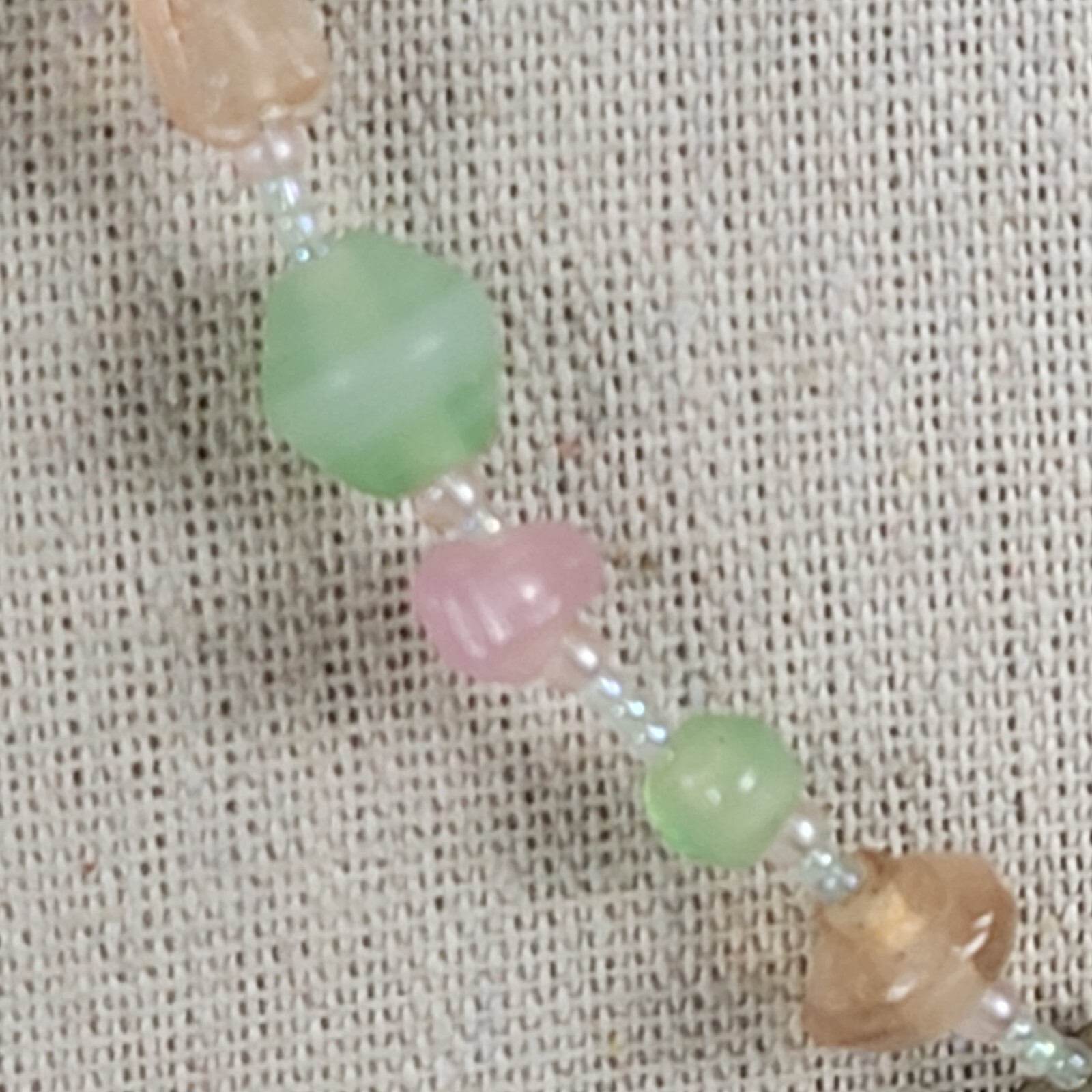 Vintage Pastel Pink And Green Glass Wire Beaded Necklace And Earrings Set 17″