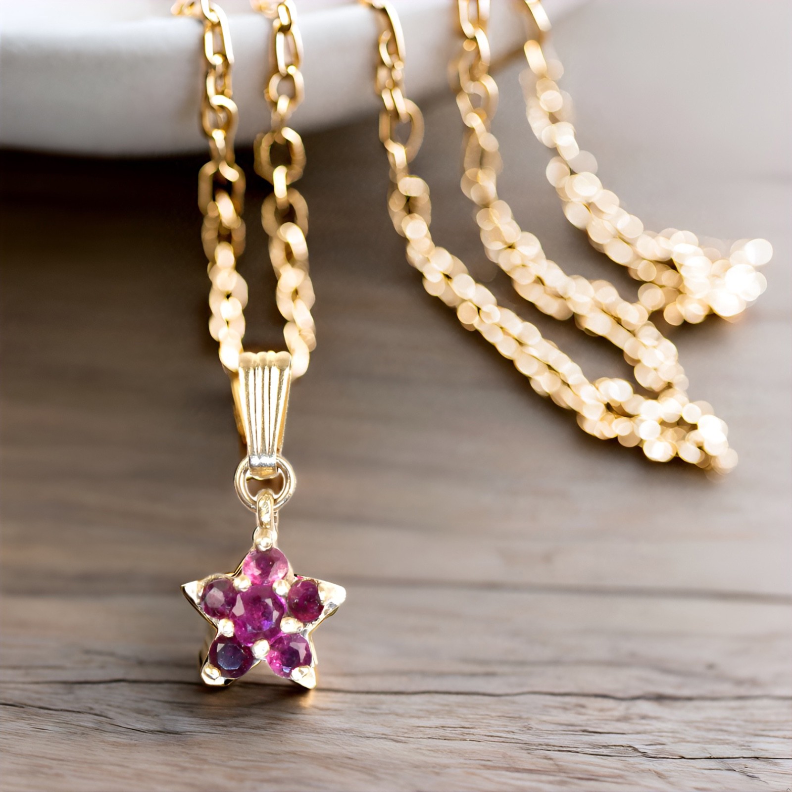 14K Solid Yellow Gold Natural Ruby Gold Star Pendant Necklace, 5 Red Rubies