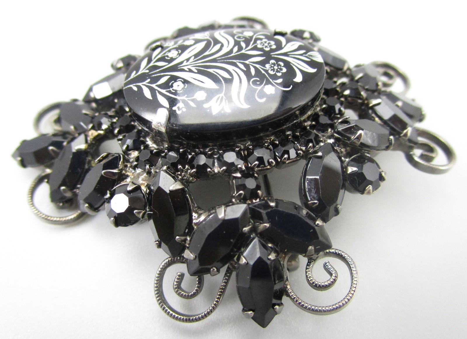 BEAUTIFUL DELIZZA & ELSTER JULIANA JAPANNED JET RHINESTONE ART GLASS BROOCH PIN