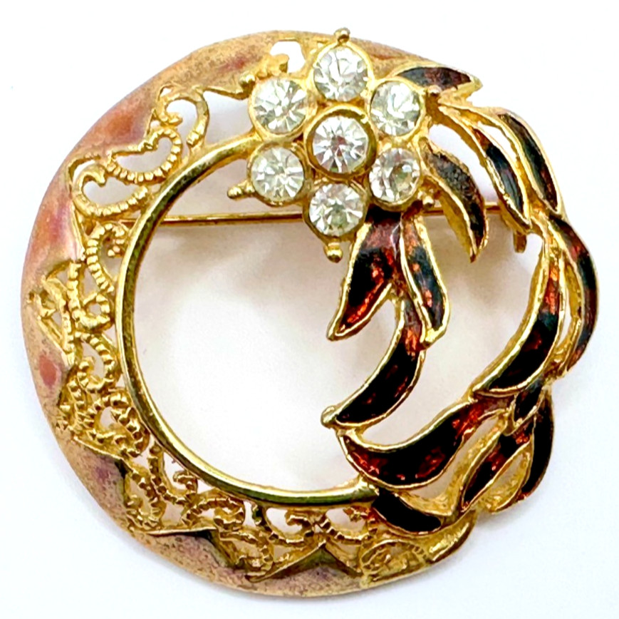 Gold Tone Rhinestones Flower & Multicolor Enamel Brooch Vintage